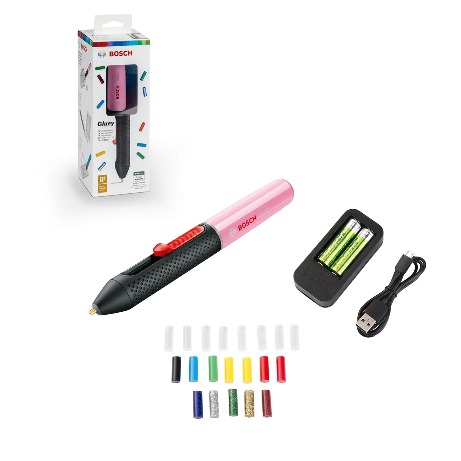 Bosch Home and Garden Gluey Cupcake Pink Penna Incollatrice a Caldo a Batteria , con 20 Stick di Colla, in Scatola di Cartone, Rosa