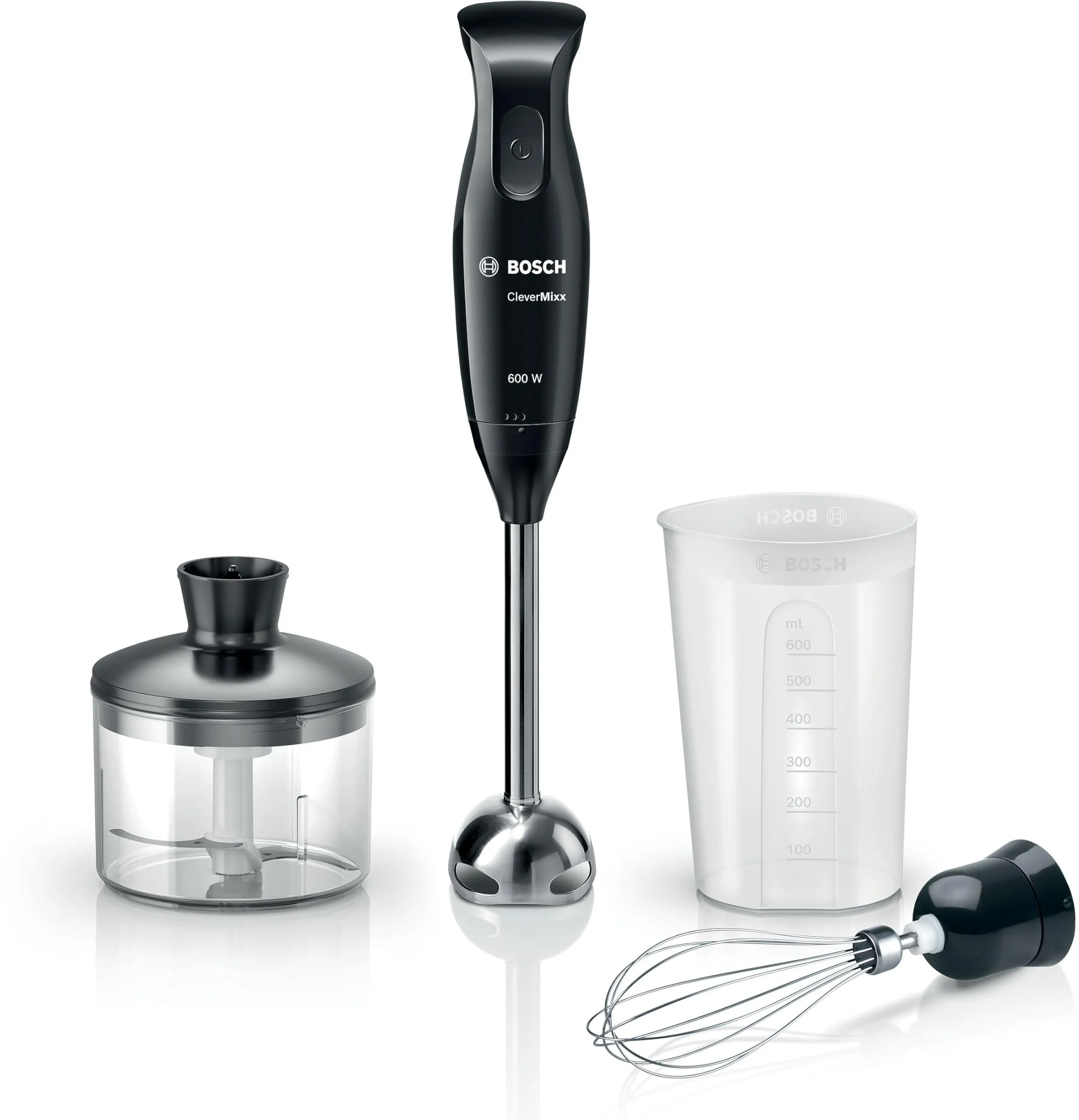 Bosch MSM2650B, Frullatore a immersione, CleverMixx, motore 600 W, Impugnatura ergonomica, Lama acciaio inox a quattro ali, Tritatutto e frusta inclusi, Facile da usare, Nero, antracite