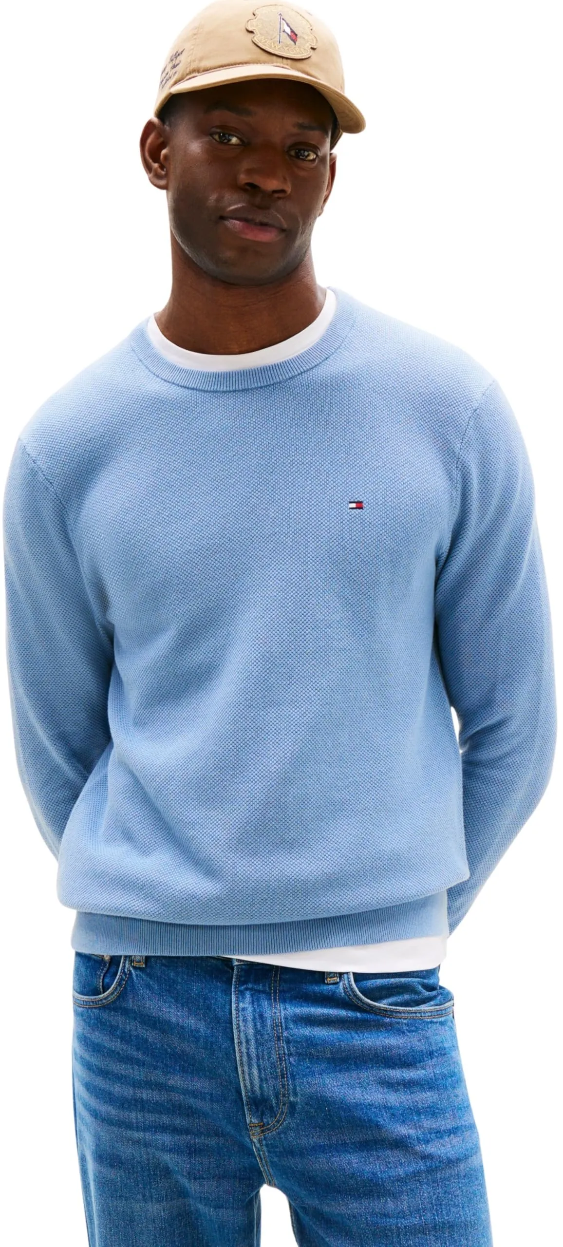 Tommy Hilfiger Uomo Pullover Essential Structure Crew Neck Regular Fit, Blu (Brisk Blue), L