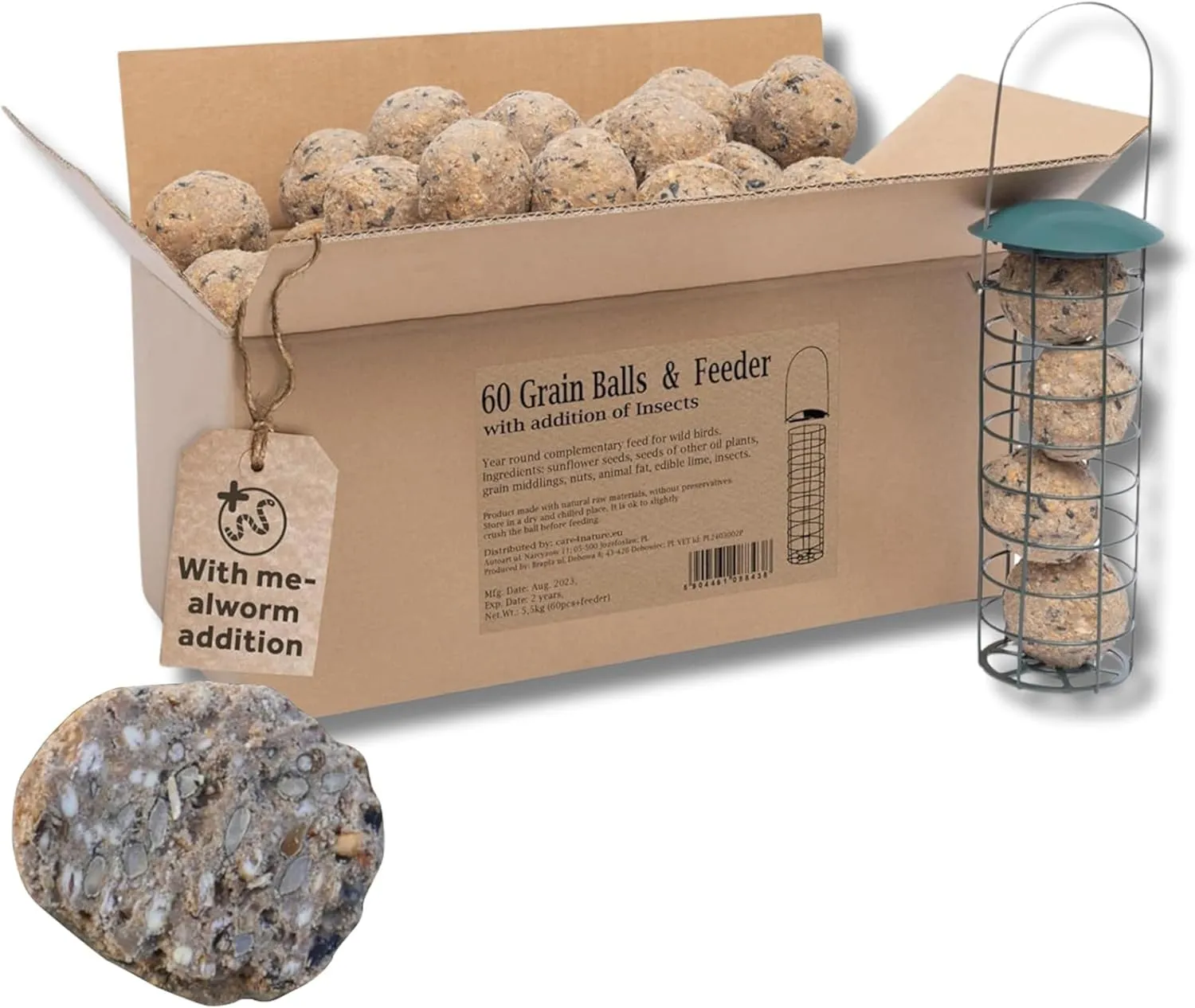 Care4Nature 60 Palline di Grasso per Uccelli Selvatici con Distributore - Palla di Grasso per Uccellini da Esterno con Insetti - Ingredienti Naturali e Alto Valore Nutritivo - Per l'uso tutto l'anno