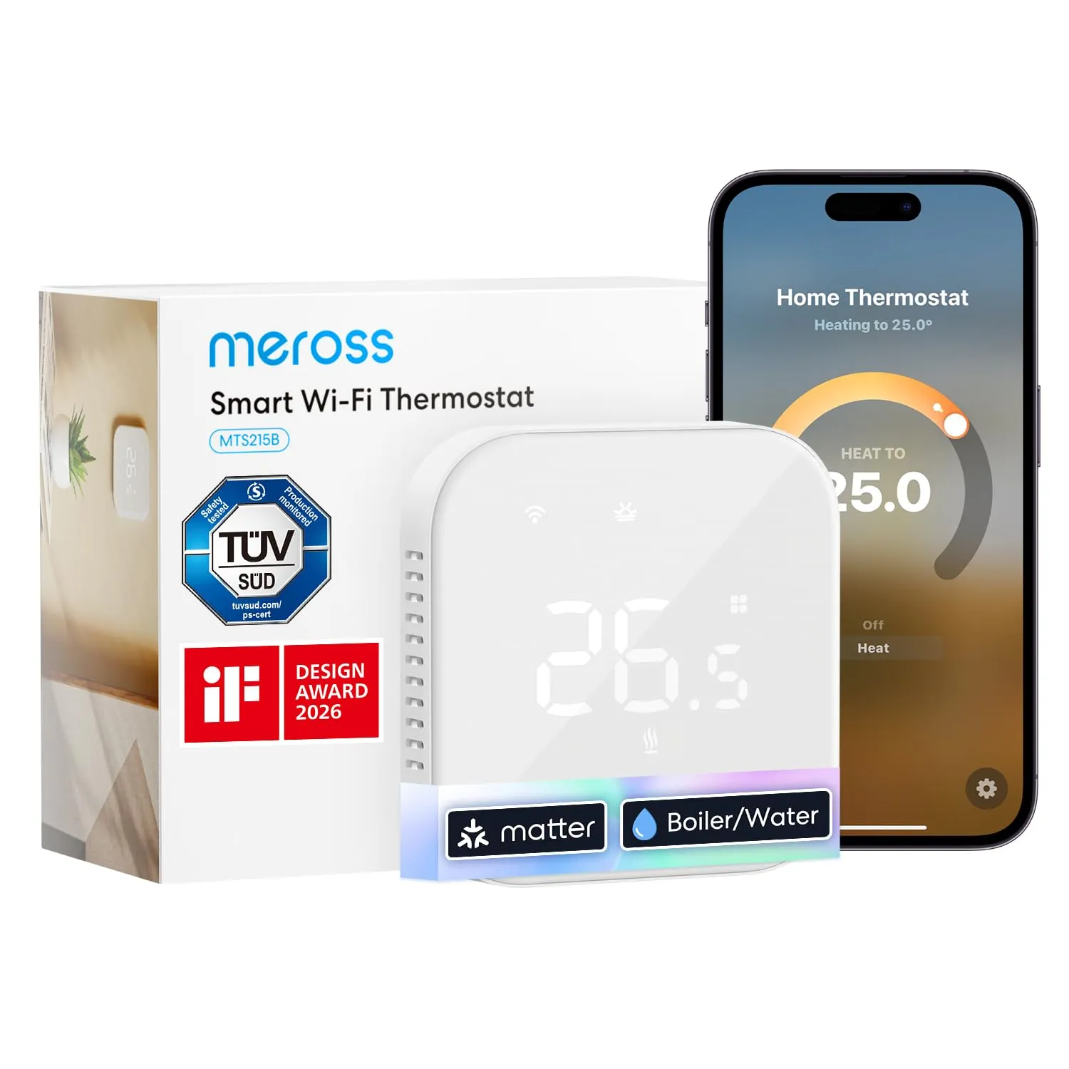 Meross Matter Termostato WiFi Termostato Caldaia Smart Cronotermostato da Parete Intelligente, Termostato Ambiente Riscaldamento e Raffreddamento per Controllo Vocale Siri, Alexa e Google