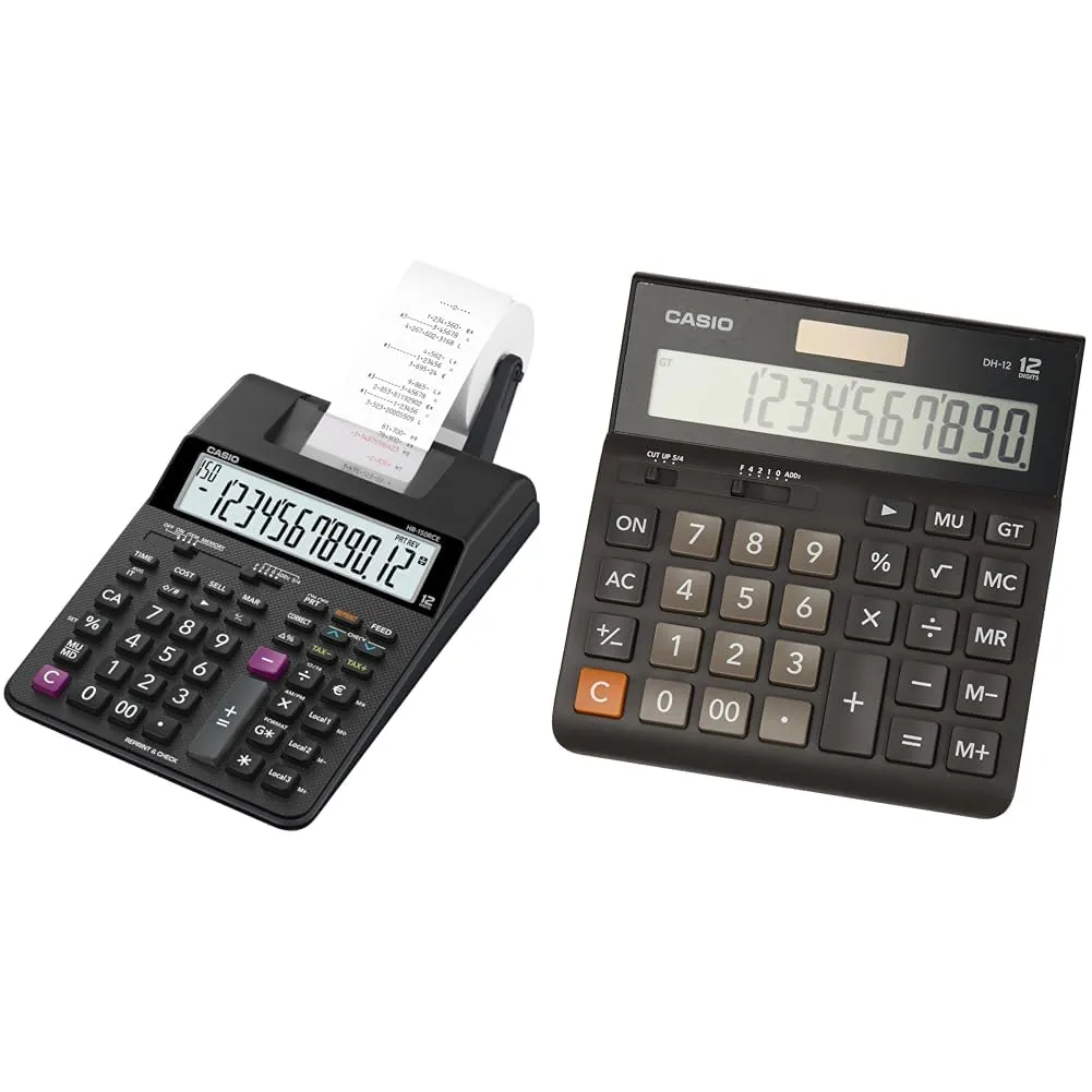 Casio Hr-150Rce Calcolatrice Scrivente Portatile, A 12 Cifre, Stampa 2 Righe A Secondo & DH-12BK calcolatrice da tavolo - Display a 12 cifre, selettore di arrotondamento, gran totale