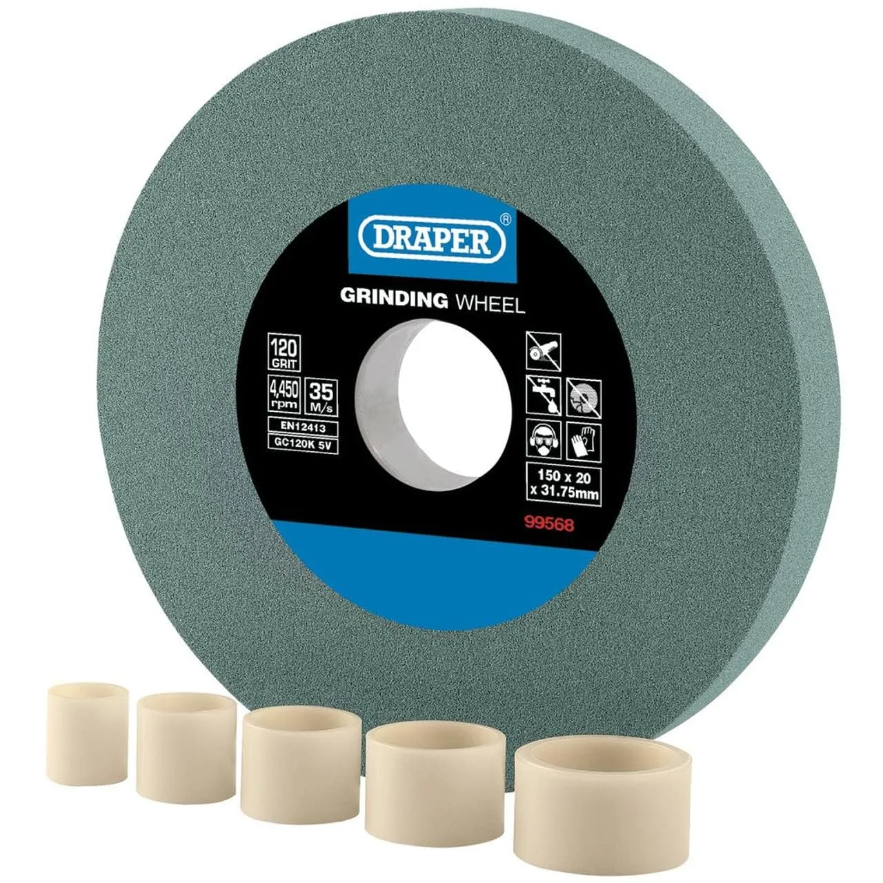 Draper Mola da banco da 150 mm x 20 mm, affilatrice per utensili TCT grana 120, 5 anelli di riduzione, taglio a secco, foro da 31,75 mm, 99568