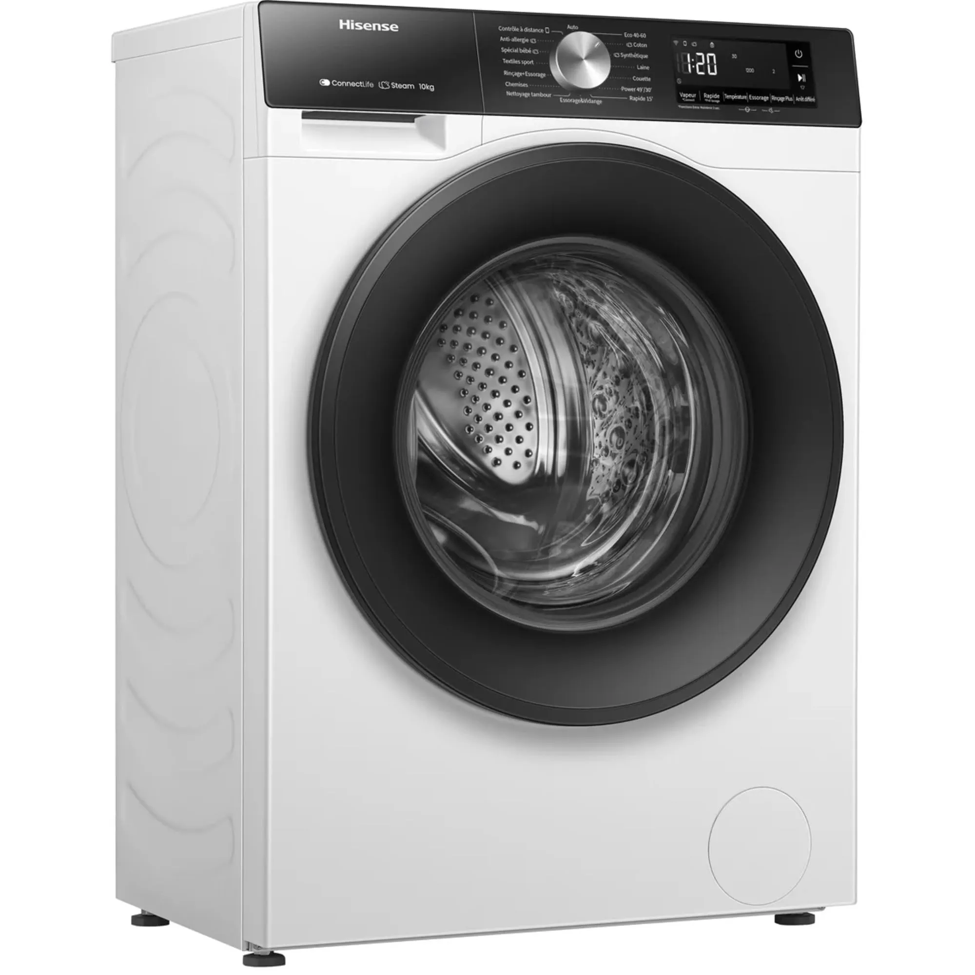 Hisense WF3S1043BW3 – Lavatrice a vapore, classe A, 10,5 kg, connettività WiFi, funzione vapore 99,9%, lavaggio auto wash, lavaggio rapido 15", PureJet, bianco