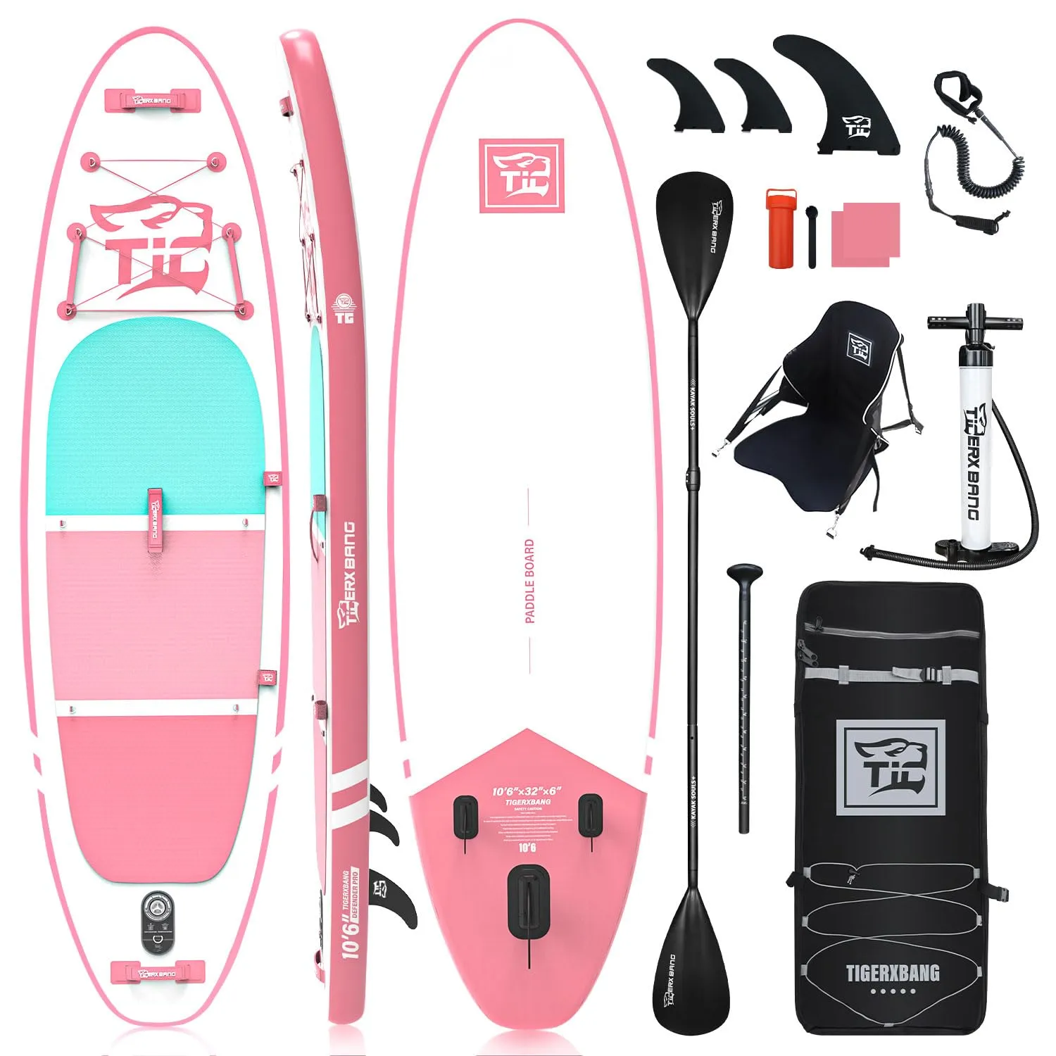 TIGERXBANG Tavola Paddle Surf Gonfiabile 320x82x15cm con Accessori Premium Tavola SUP, Stand Up Paddle per Adulti/Bambini con Pagaia a Doppia Lama, Sedile Kayak, Collezione Defender-Pro Rosa