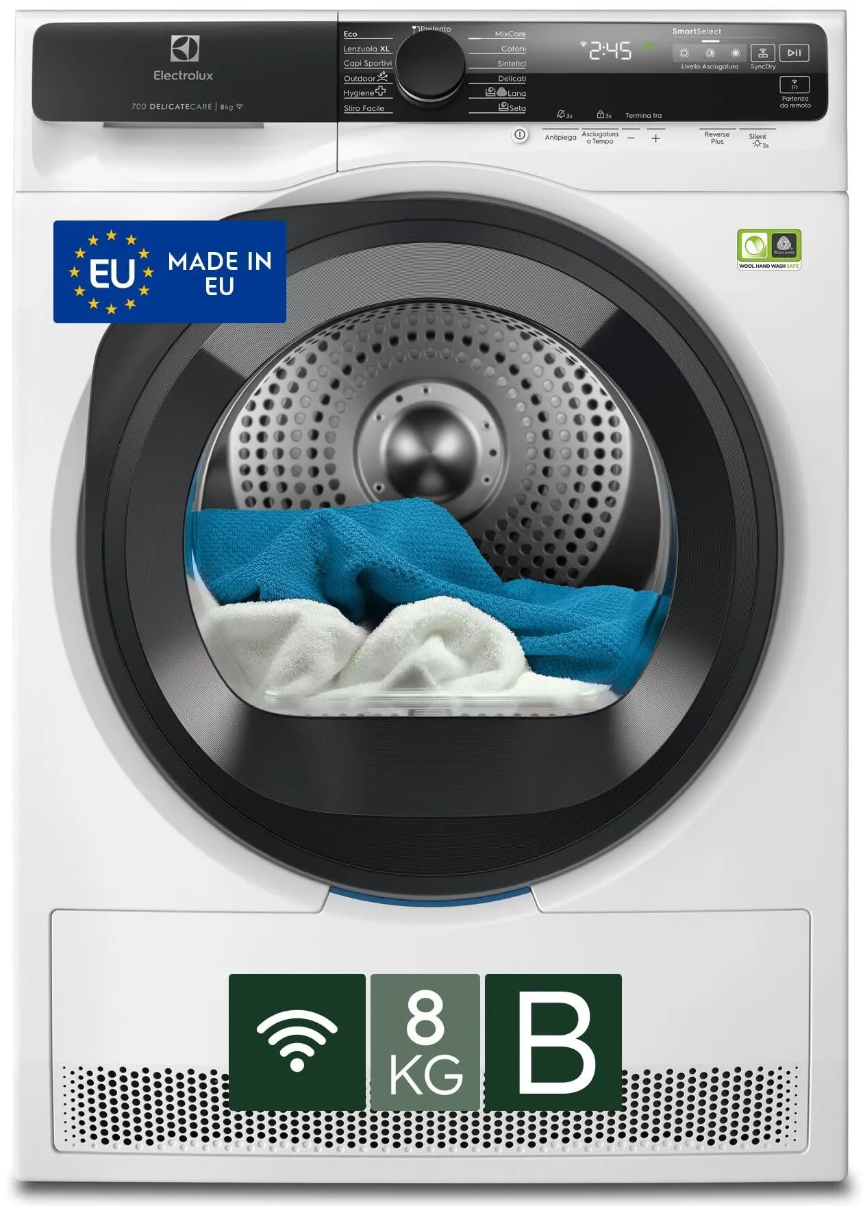 Electrolux Serie 700 DelicateCare, Asciugatrice a Pompa di Calore, 8 kg, EW7H58GY, Classe B, 13 Programmi, Tecnologia MixCare e SensiCare, Connettività Smart App, 63 dB, 850x596x636 mm