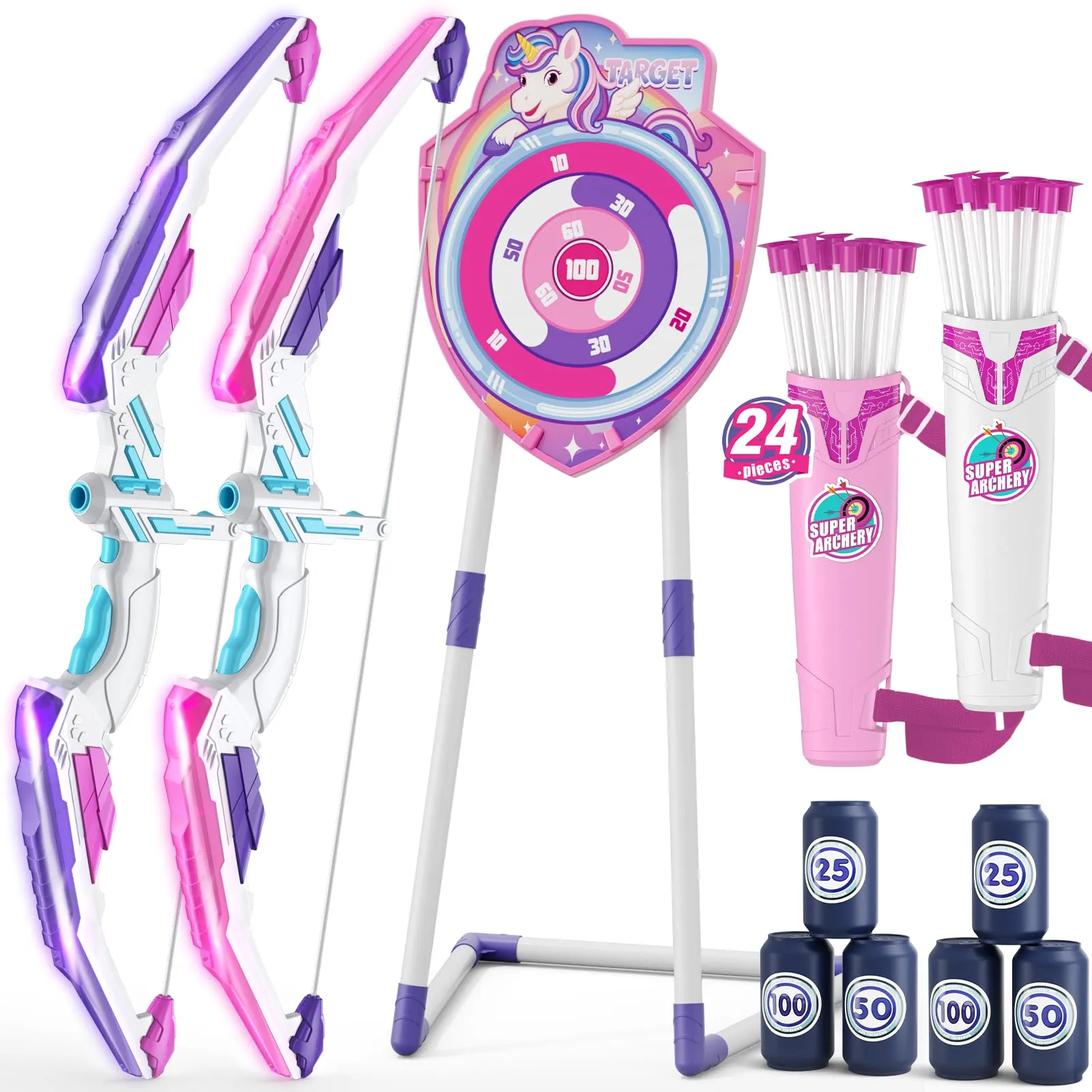 HYES 2 Pack Arco e Freccia per Bambini, LED Luce Tiro con L'Arco Set con Frecce Aspirazione, Unicorno Bersaglio, Punteggio Obiettivi, Quivers, Indoor Outdoor Regali Giocattoli per Ragazzi Ragazze