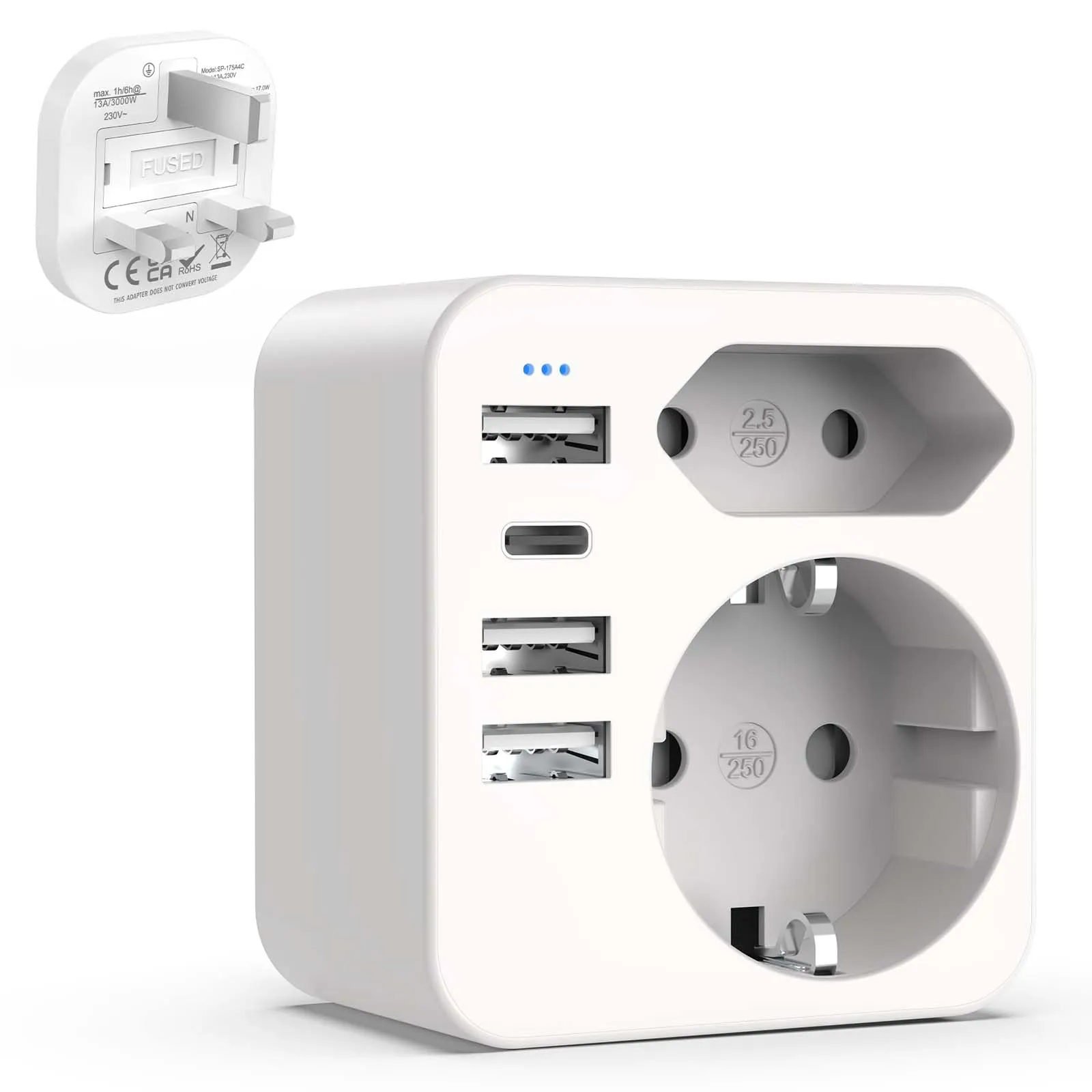 Adattatore Presa Inglese Hoppac 6 in1,Carica 6 Dispositivi In ​​Parallelo,Con 3 USB e 1 USB C e Spina Europea e Schuko,Il Tipo G è Adatto Per Regno Unito/Irlanda/Malta,Design Compatto Adatto Ai Viaggi