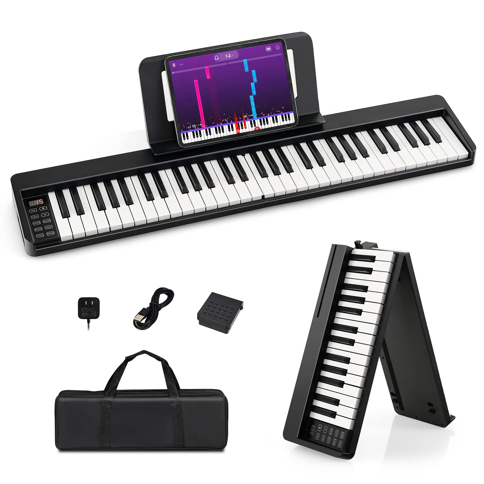 COSTWAY Pianoforte Digitale Pieghevole 61 Tasti, Tastiera Elettronica Portatile, con Tasti a Grandezza Standard Leggio Pedale Sustain MIDI Bluetooth e Borsa, per Principianti Bambini Adulti, Nero