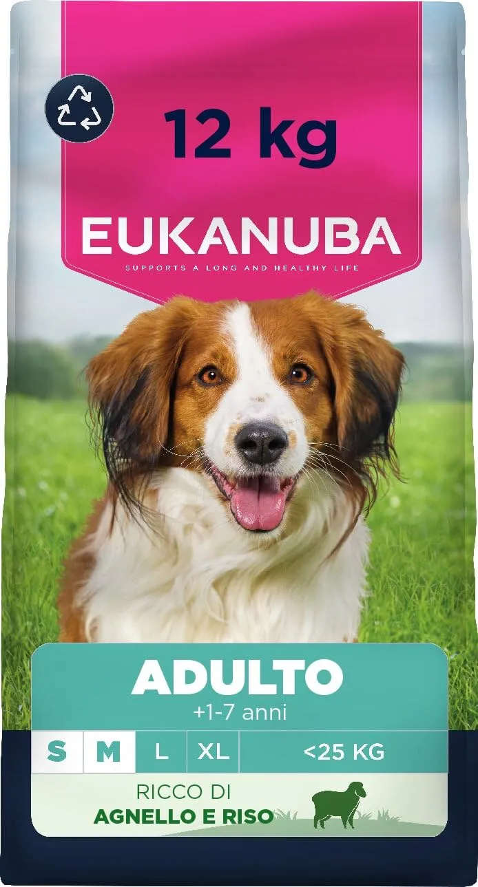 Eukanuba Mangime secco per cani con agnello e riso per razze di taglia piccola e media, mangime secco premium per cani adulti, 12 kg