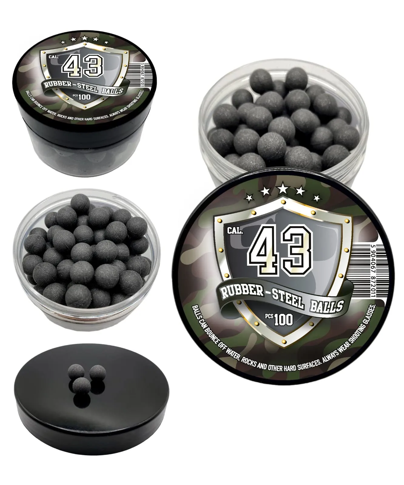 Rubber-Steel Balls in 43 caliber. Sfere in Gomma-Acciaio Palline .43 cal. Hard Mix Rubber Steel Balls Paintballs Reballs Self Defense