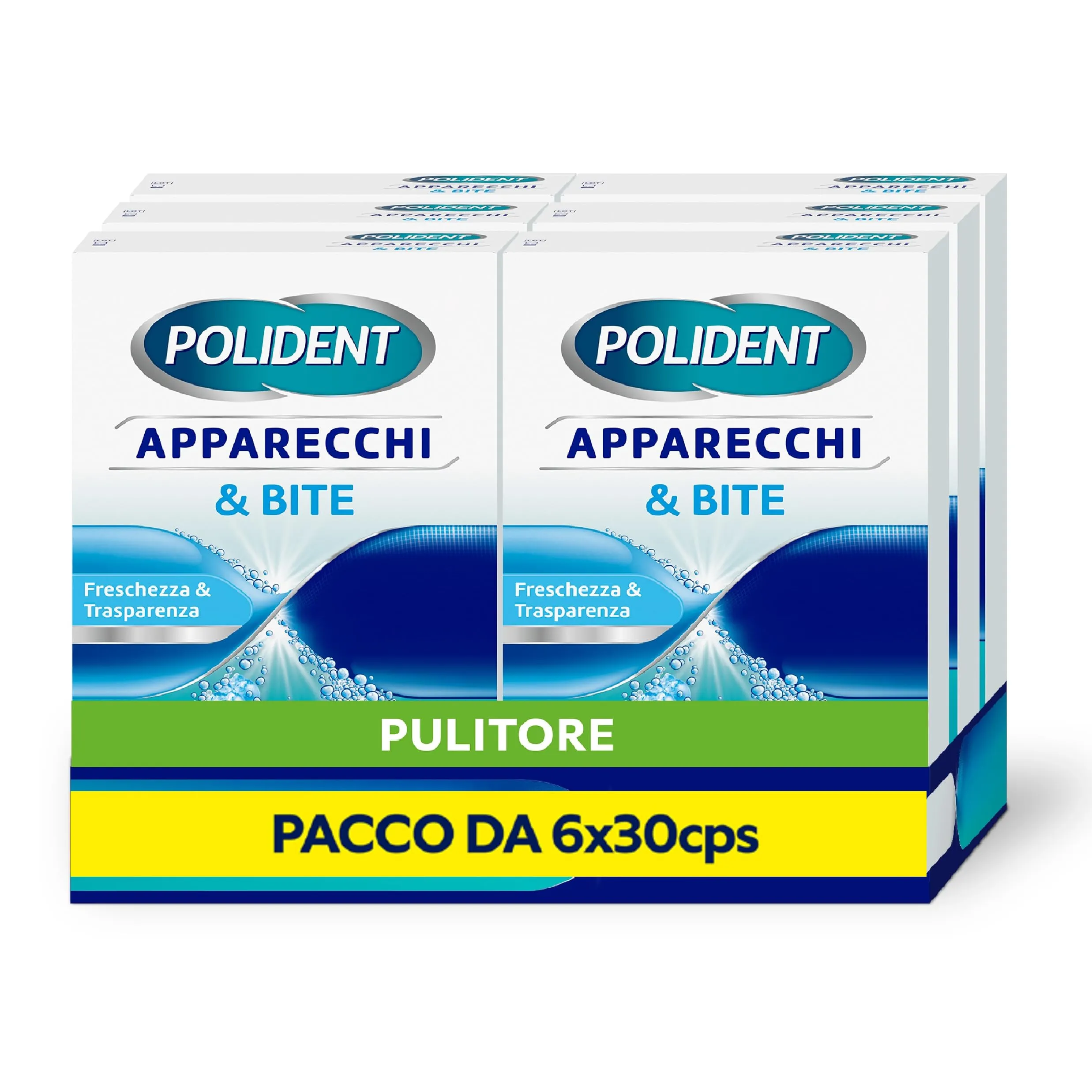Polident Apparecchi & Bite, Pulitore per Protesi Dentale, Apparecchi, Allineatori, Paradenti Sportivi, Bite Anti Bruxismo, Pacco da 6x30 compresse