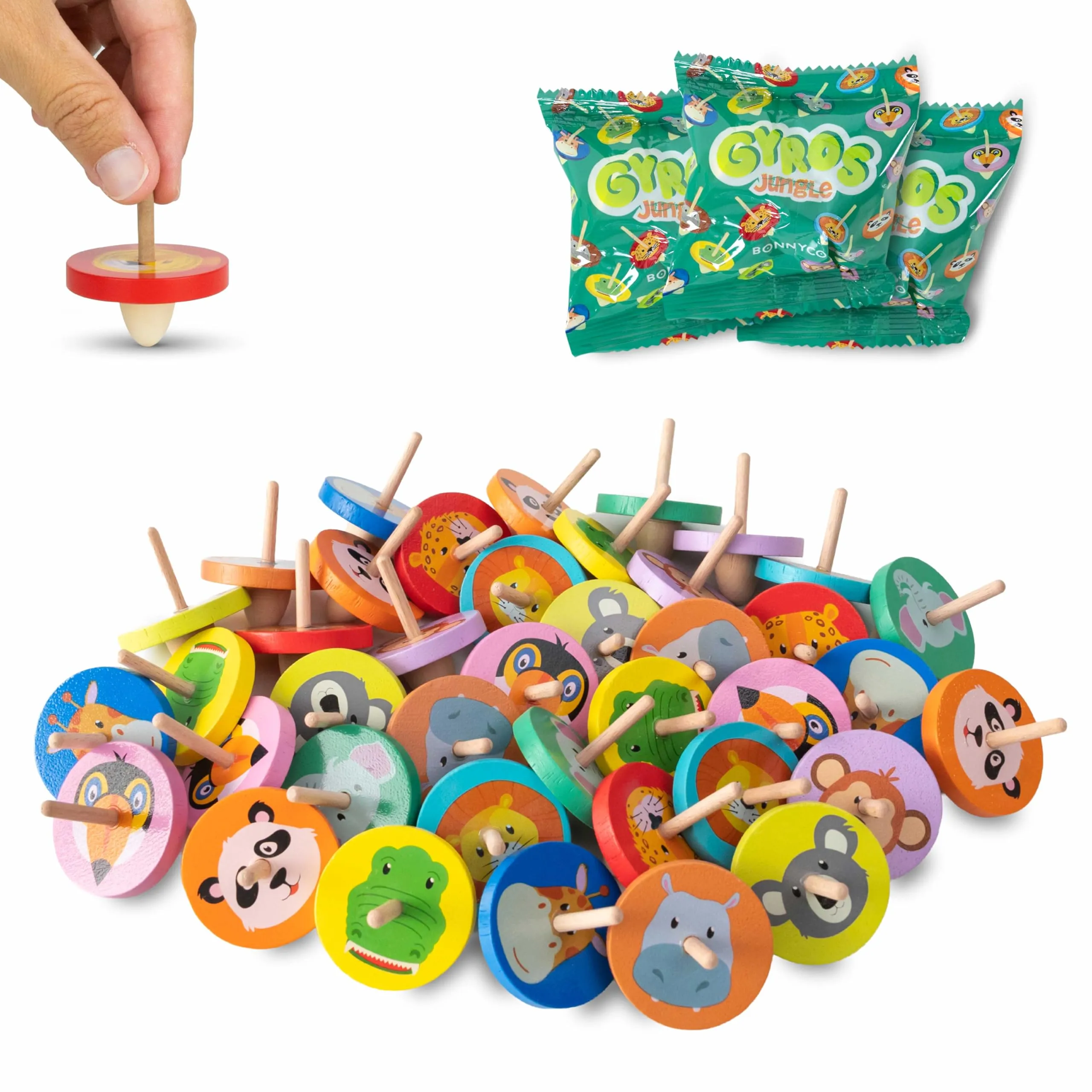 Trottola Bambini Legno Pack 40 Animali Giungla - BONNYCO | Trottole Gadget Compleanno Bambini, Mini Giochi Regalini Fine Festa Compleanno, Regalino Fine Festa Dopo Invitati, Pensierini Giochini Scuola