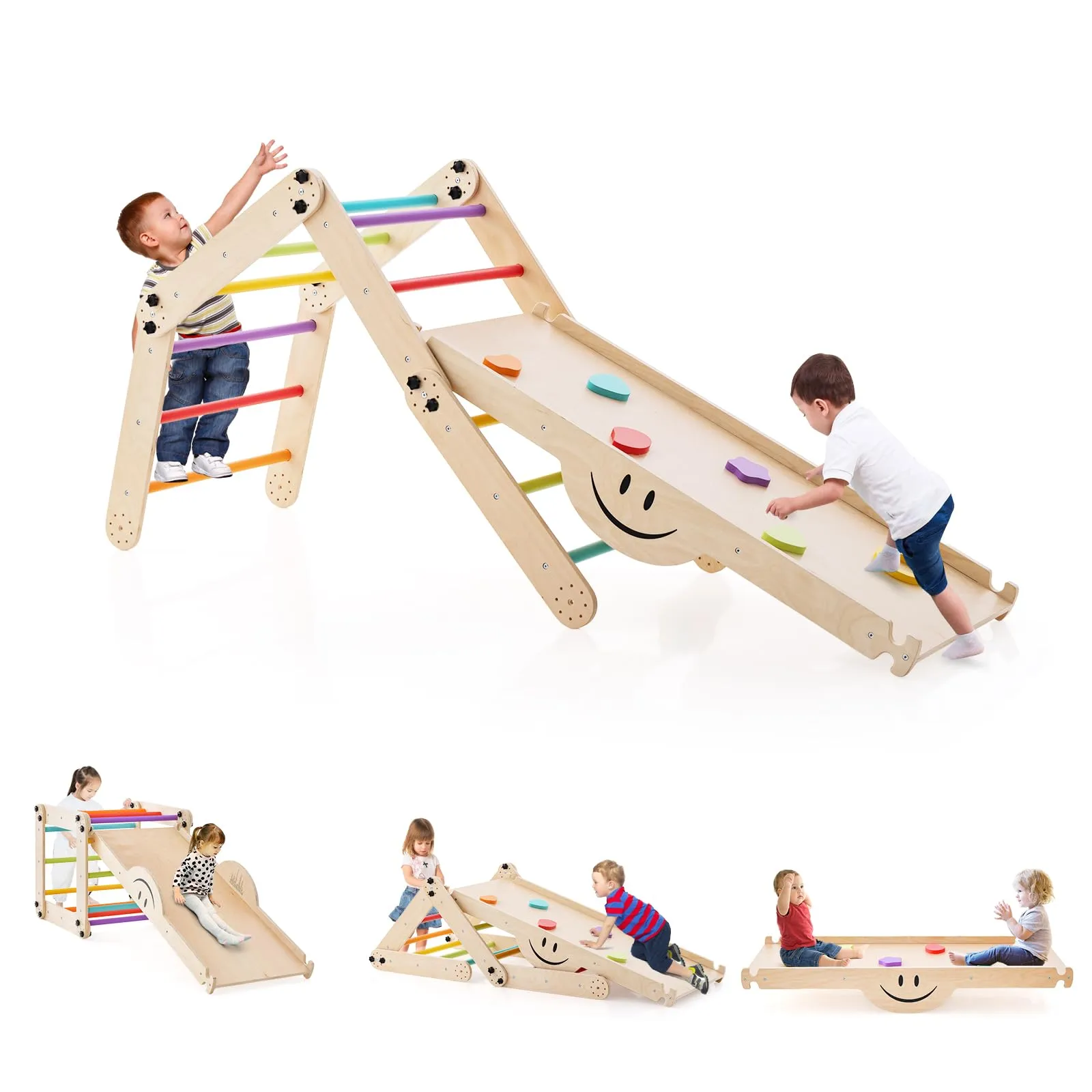 COSTWAY 5 in 1 Set da Arrampicata per Bambini, Giochi da Arrampicata Pieghevoli in Legno con Rampe Regolabili e Reversibili, Scala da Arrampicata per Bambini 3+ Anni (Colorato)
