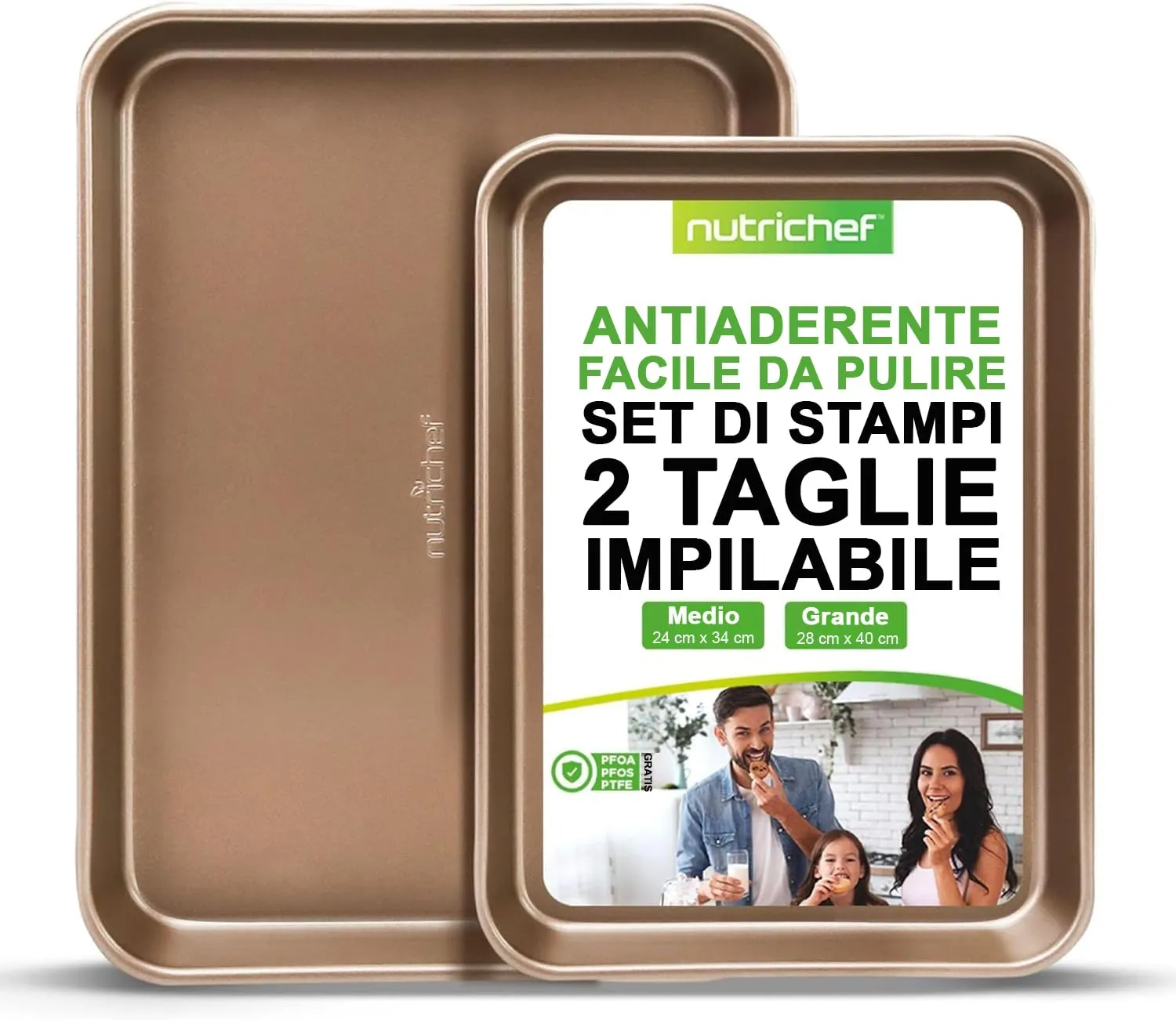 NutriChef Set di 2 Teglie da Forno Antiaderente, Vassoi per Cottura in Forno in Acciaio al Carbonio di Qualità Premium con Rivestimento Antiaderente, Teglie Grandi e Medie per Biscotti, Oro