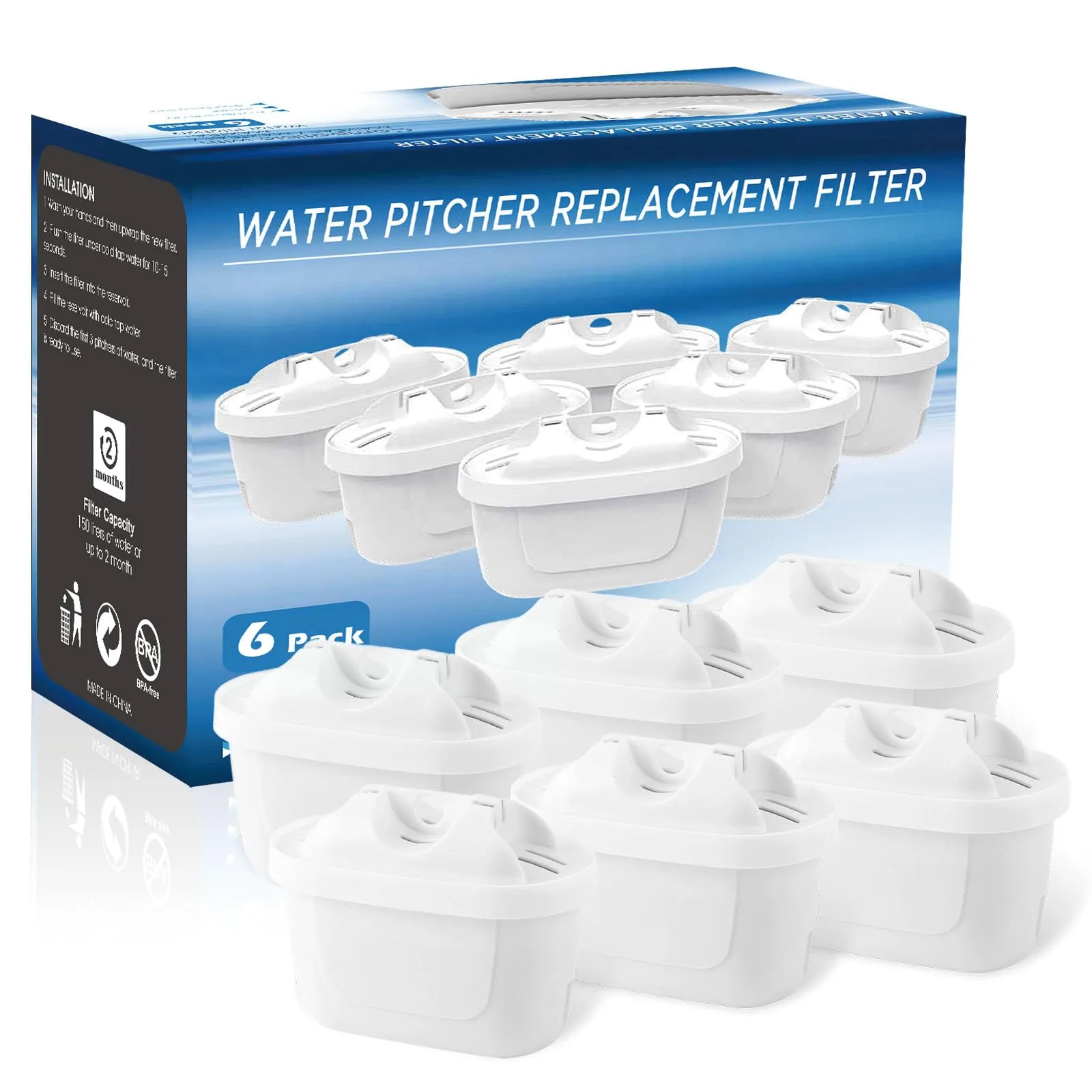 6 cartucce filtro per brocca compatibili con Brita Maxtra+ acqua riducono limescale, cloro e impurità per acqua potabile pulita