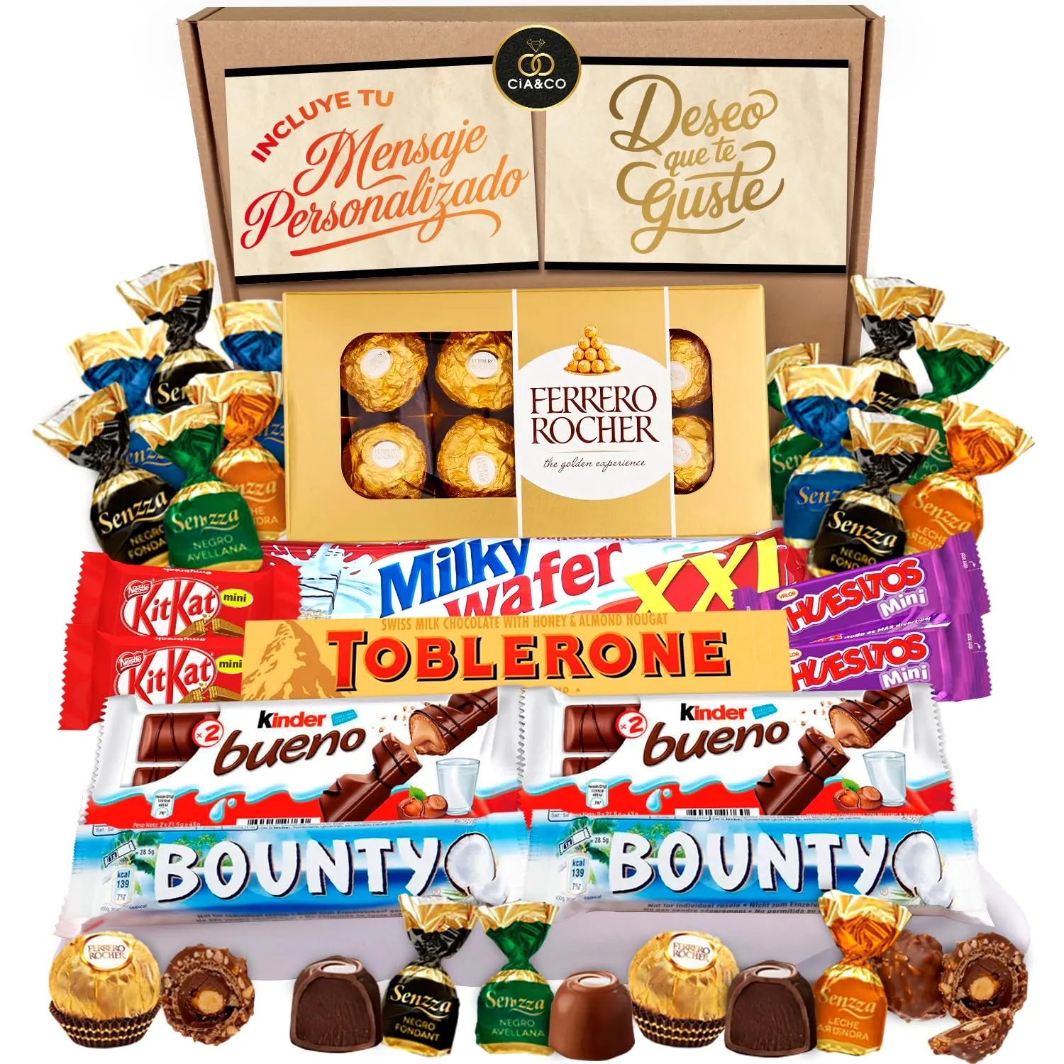 Ferrero Rocher, Toblerone, Kinder Bueno, Bounty Coconut, Mars, Twix E Deliziose Barrette Kit Kat E Huesitos Confezione Regalo Dolci - 20 Cioccolatini