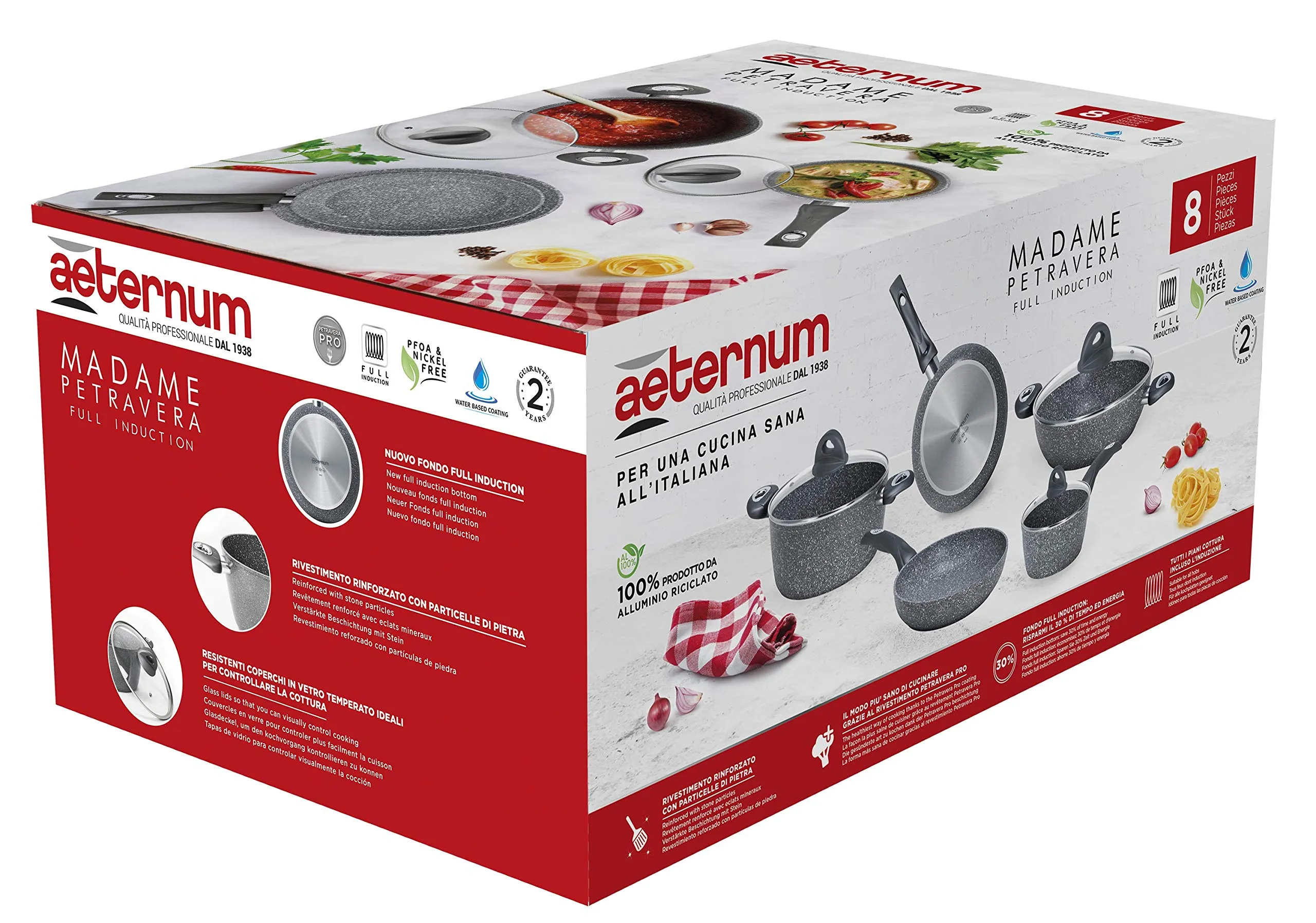 Aeternum, Madame Petravera 3.0, Batteria 8 pezzi, 2 padelle 20-24 cm, 2 casseruole 16-20 cm, 1 tegame 28 cm, 3 coperchi 16-20-28 cm, Ideale per Induzione, Full Induction, Grigio