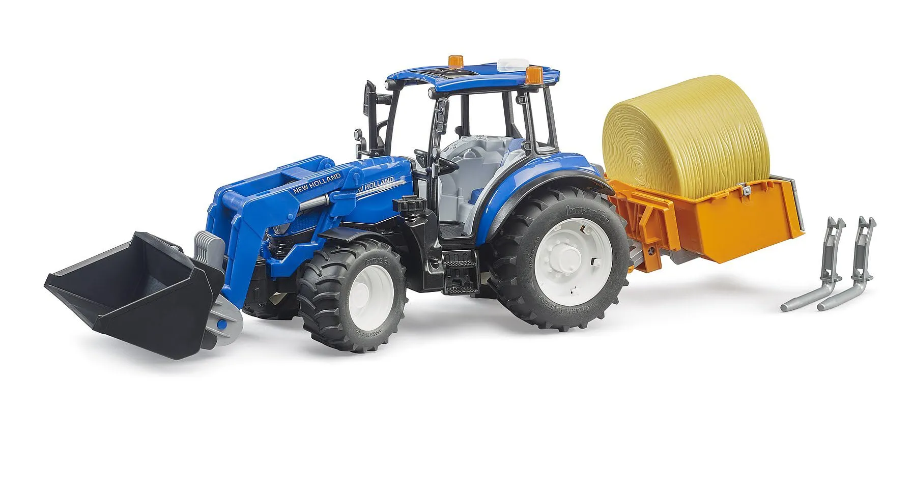 bruder 02187 - New Holland T5.120 con caricatore frontale, cassone di carico, forche e balle rotonde - 1:16 Trattore, Veicoli, Fattoria, Bulldog