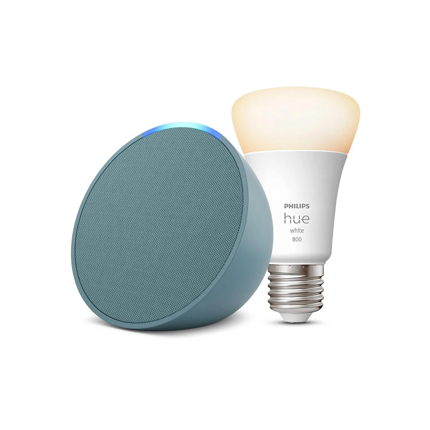 Echo Pop | Verde petrolio + Philips Hue White Lampadina LED Smart (E27), compatibile con Alexa - Kit di base per Casa Intelligente