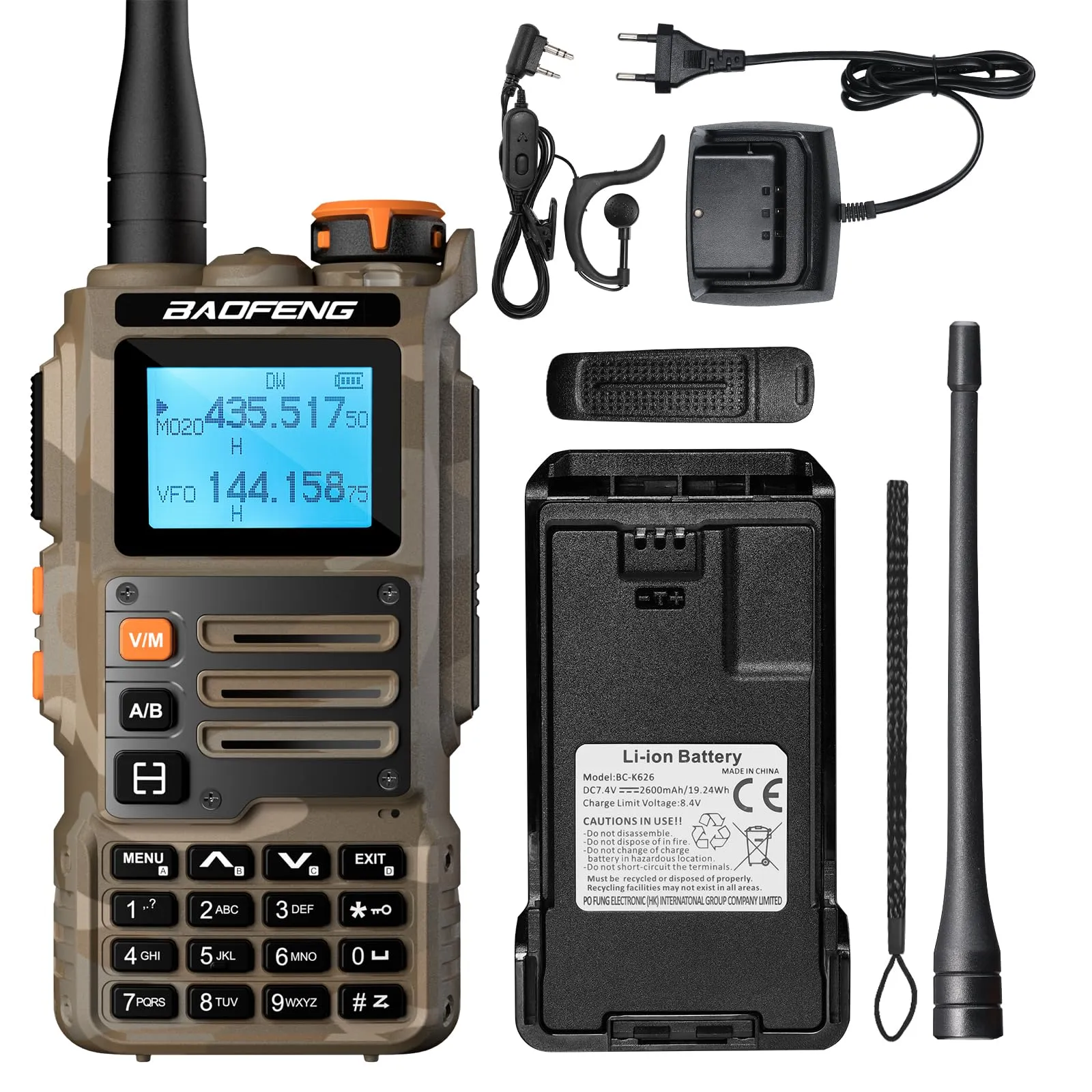 BAOFENG K63 6W Walkie Talkie, Tri-Band UHF/VHF/1.25M Radio portatile per amatori, AM FM, 2600 mAh batteria, 999CH, Copia frequenza wireless, Frequenza ripetitore inversa, Mimetica deserto