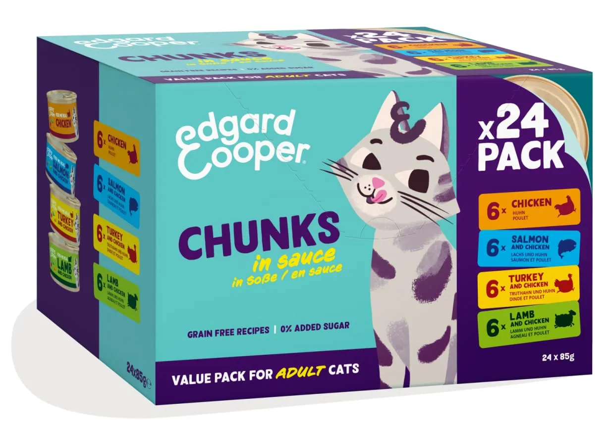 Edgard Cooper cibo umido per gatti, 4 gusti, multipack bocconcini in salsa (24 x 85g, Pollo/Salmone/Tacchino/Agnello), per gatti sterilizzati e non, carne fresca con ingredienti naturali