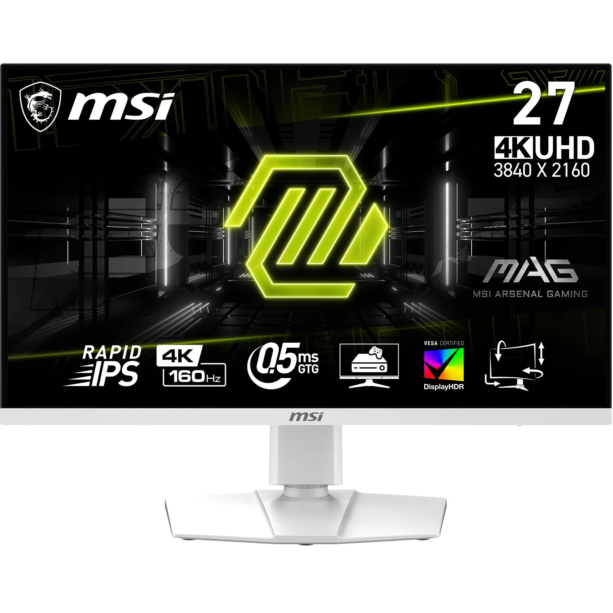 MSI MAG 274URFW Monitor Gaming da 27" UHD - Pannello IPS rapid (3840 x 2160), 160 Hz/0,5 ms (GtG, Min.), Gamut di colori 133% sRGB, VESA DisplayHDR 400 - DisplayPort 1.4a, HDMI™, USB Type-C, Bianco