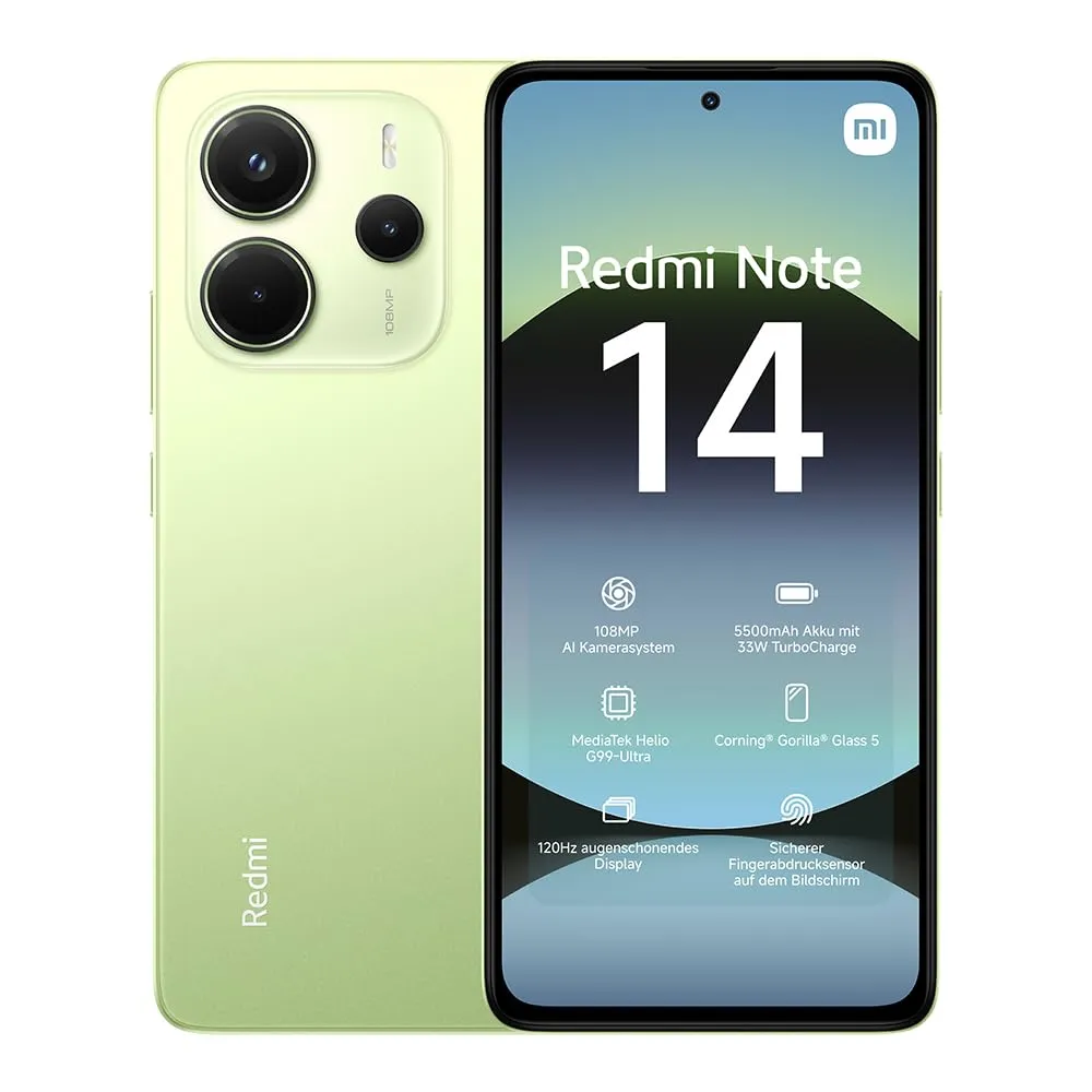 XIAOMI Smartphone Redmi Note 14, 8+256GB, Sistema fotografico con AI da 108MP, batteria da 5500mAh, display Eye-Care da 120Hz, funzionalità AI (caricabatterie non incluso),Verde