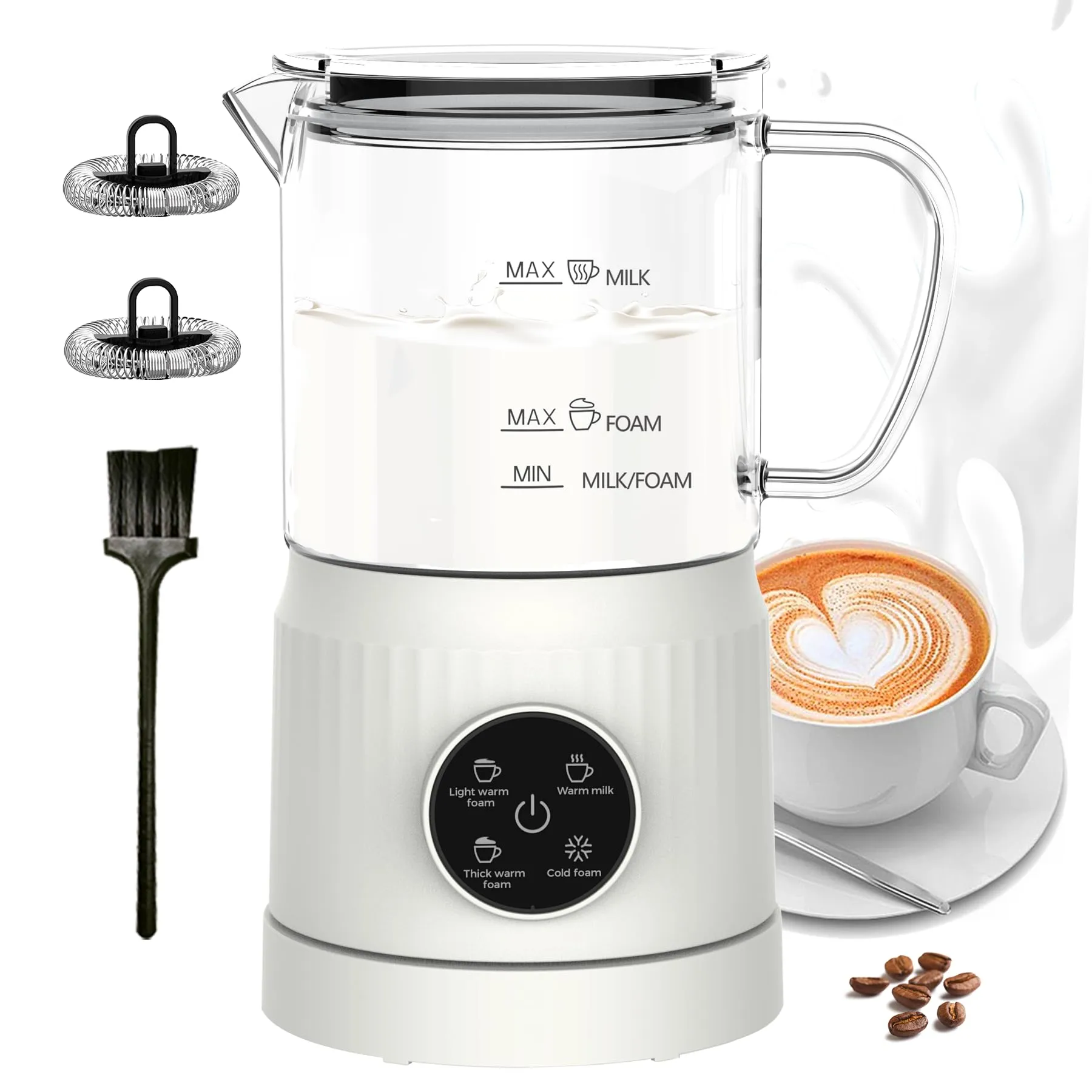 Casimhu Montalatte Elettrico 4 in 1, Cappuccinatore Elettrico per Schiuma Calda e Fredda, Scaldalatte in Vetro, Macchina per Cappuccino, Macchina Automatica per Caffè Latte e Cioccolata Calda, Bianco