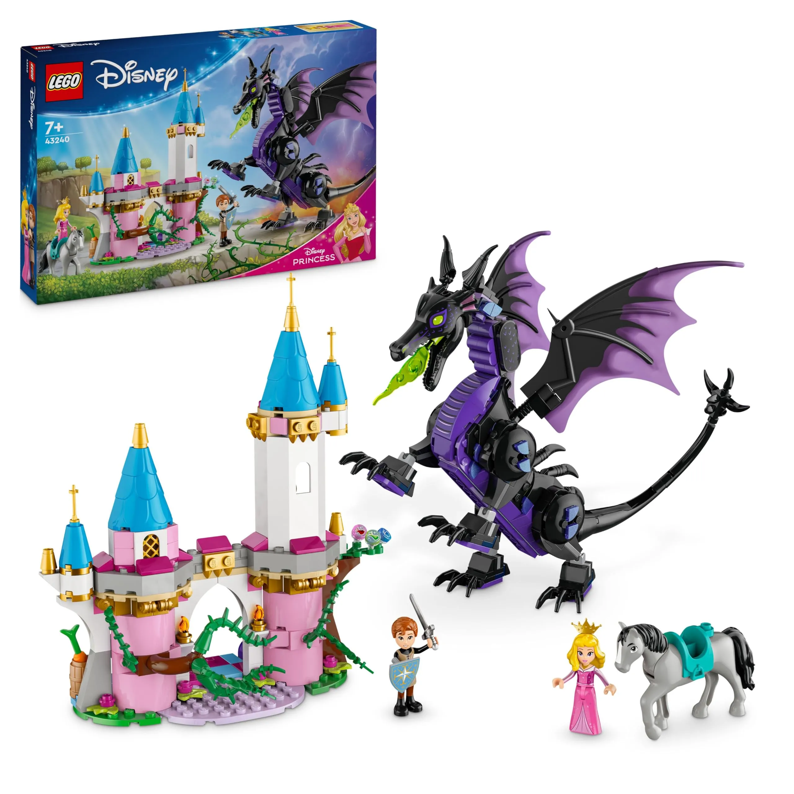 LEGO Disney Malefica Drago, Parte del Castello Giocattolo da Costruire con Torre, 2 Mini Bamboline dei Personaggi di Aurora e del Principe Filippo, Giochi per Bambine e Bambini da 7 Anni 43240
