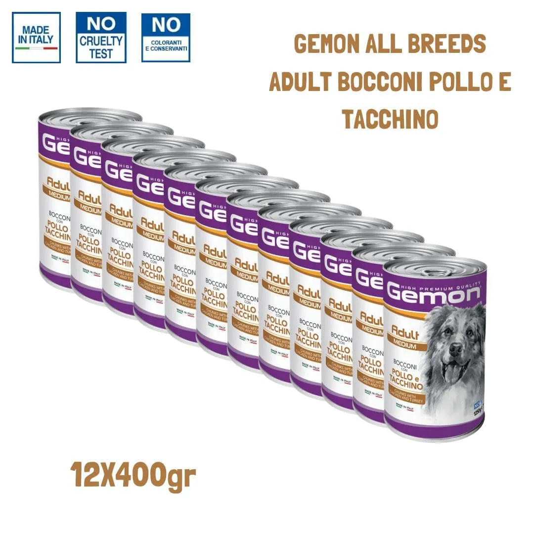 Gemon Umido Cane Adult All Breeds gusto POLLO e RISO, bocconi per cani adulti, alimento completo | 12 scatolette da 400 grammi l’una.