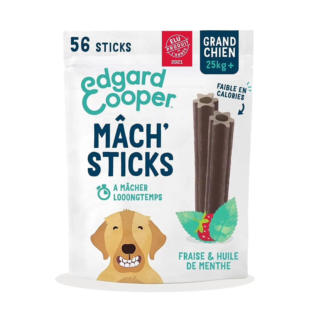 Edgard Cooper Dolcetti Per Cani, Menta & Fragola, 7 Bastoncini x 8) Grande, Uno al Giorno a Basso contenuto di Calorie, Masticazione Lunga Efficiente, Alito Fresco