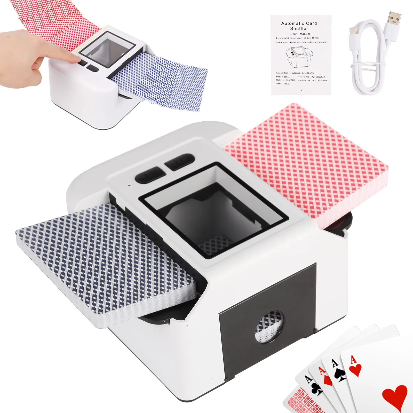 Buldoospok Ricaricabile Mischia Carte Automatico per Poker Uno Skip-Bo Texas Hold'em Game Carte, Mescolatore Carte da Gioco Elettrico per 1-2 Mazzi, Mescolatore di Carte Silenzioso & Ricarica USB