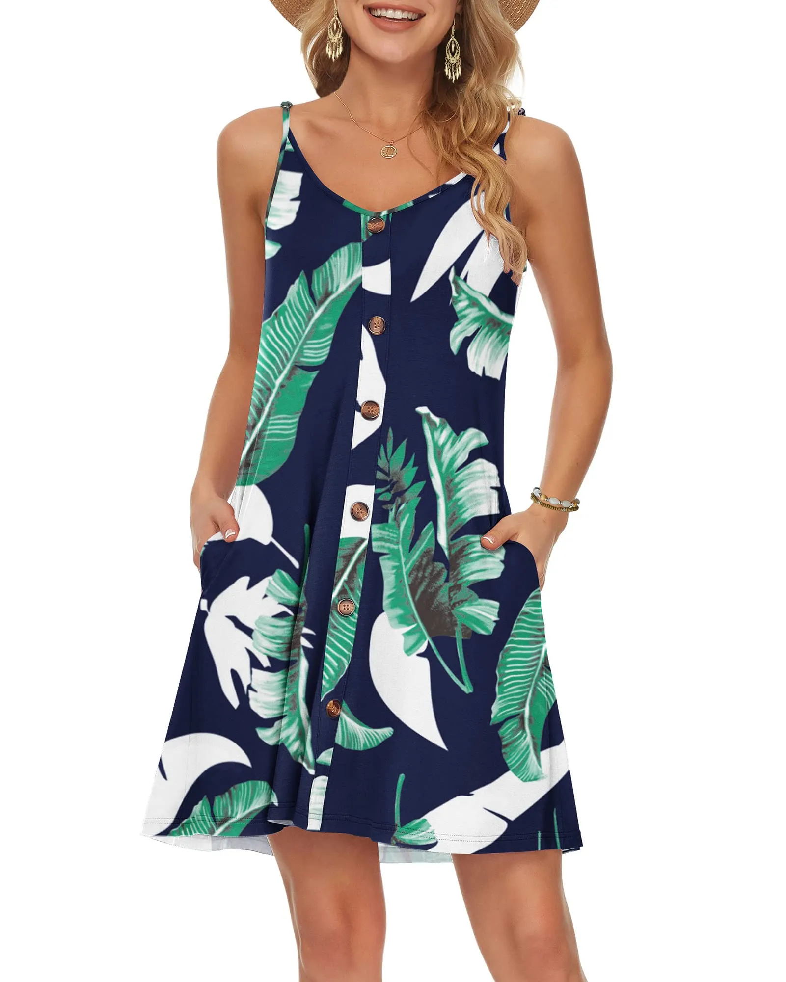 WNEEDU Abito Estivo Donna Vestito Spiaggia Cinturino Spaghetti Copricostume Abiti Casual Corto Prendisole con Scollo a V Tasche Stampa Blu L