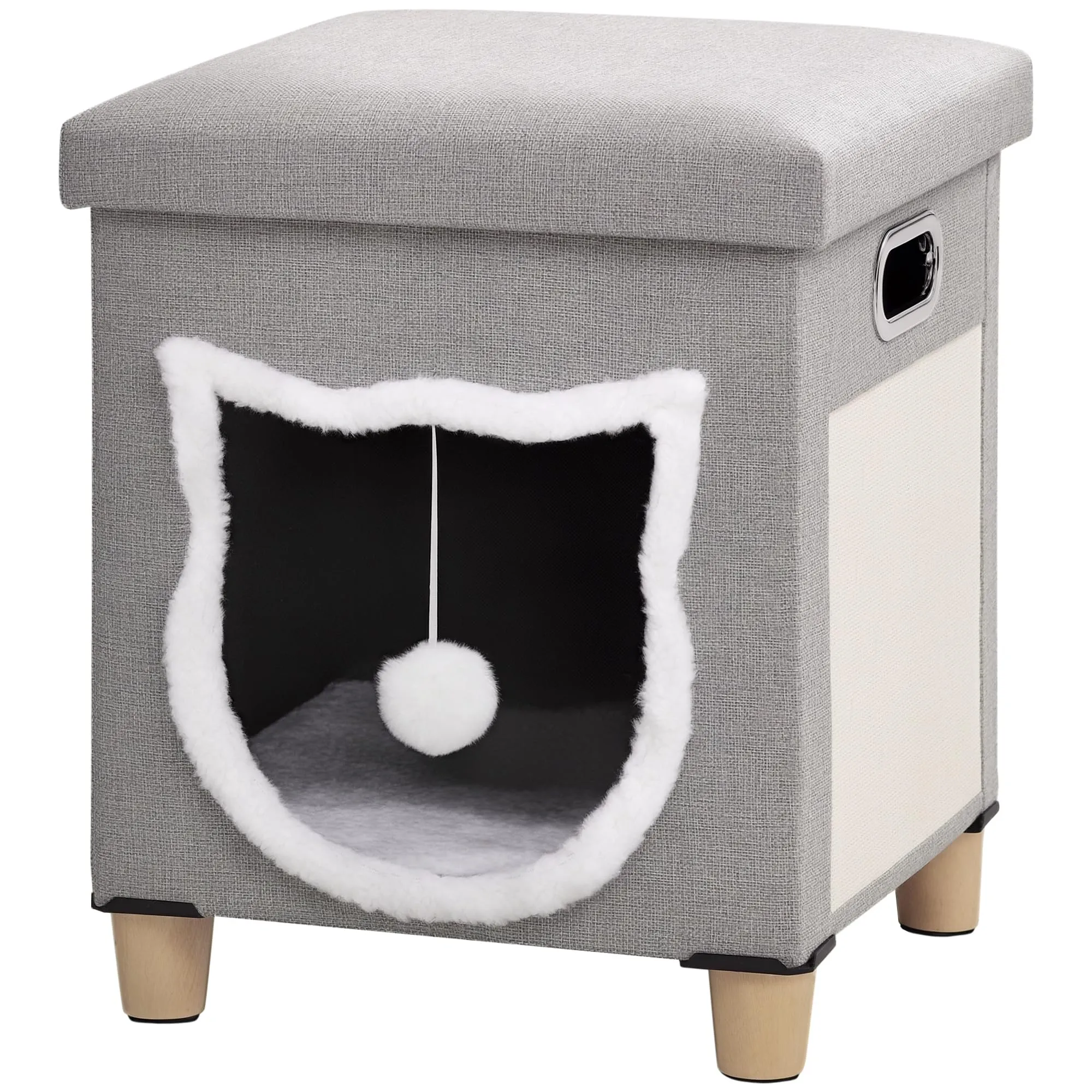 PawHut Casetta per Gatti con Tappetino Tiragraffi, Cuscino Lavabile e Pallina Giocattolo, Cuccia Gatti in MDF, Tessuto Effetto Lino, Peluche e Sisal, 35.5x35.5x42.5 cm, Crema e Grigio