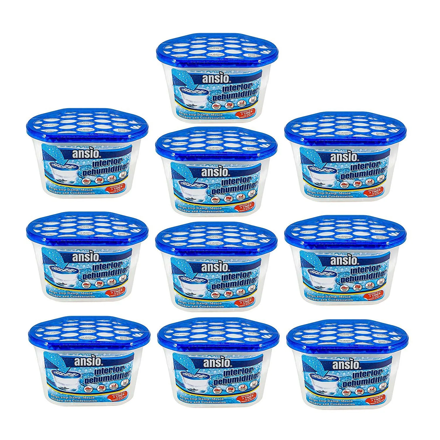 ANSIO Deumidificatore 500 ml Deumidificatore per rimuovere la condensa per umidità, muffa, umidità in casa, cucina, guardaroba, camera da letto, roulotte, ufficio, garage, bagno, cantina (confezione da 10)