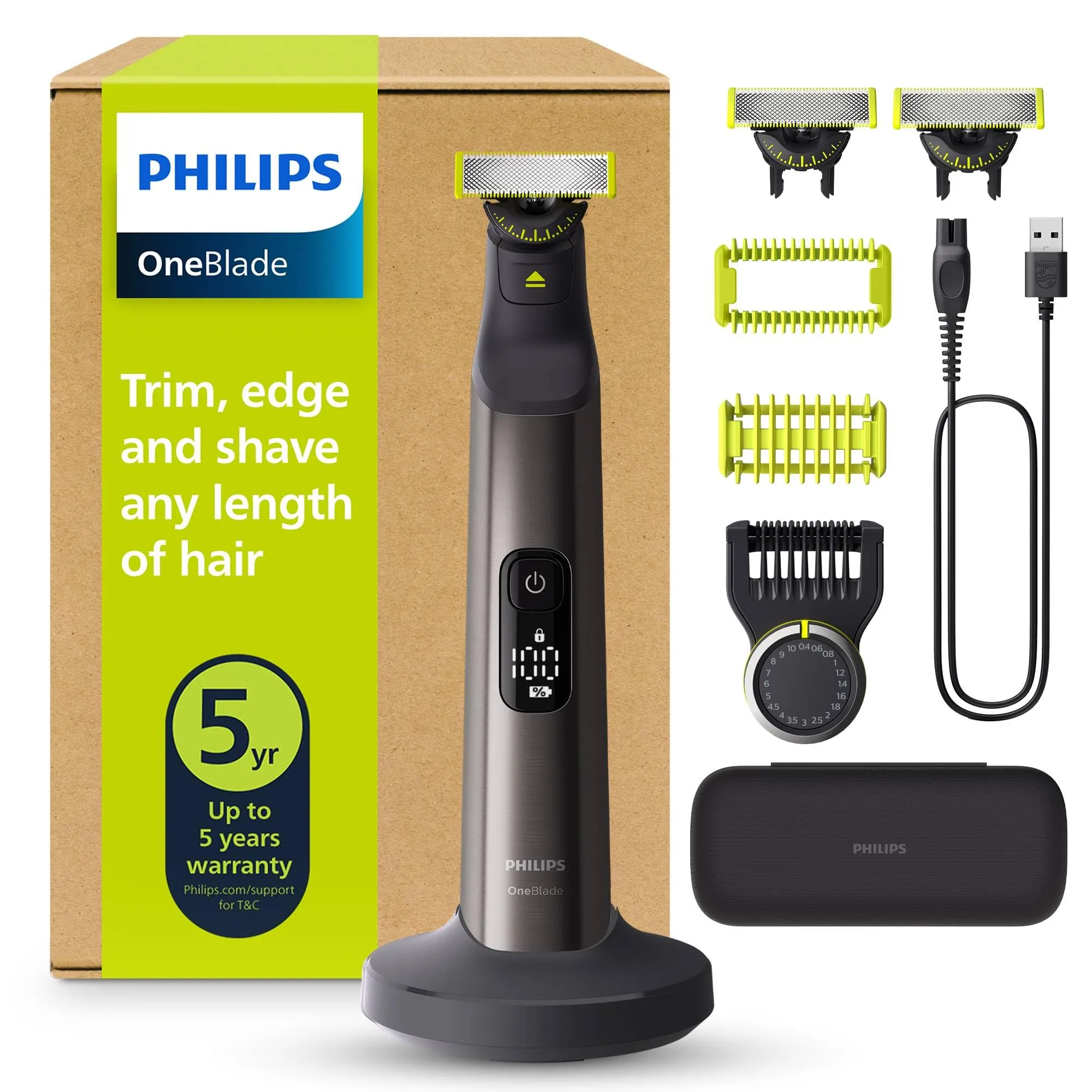 Philips OneBlade Pro 360 Autentico Regolabarba elettrico per viso e corpo, rasoio e depilatore, 3x 360 lame, 1x pettine da 20, 1x kit corpo, 1x supporto di ricarica, 1x custodia da viaggio, QP6652/35
