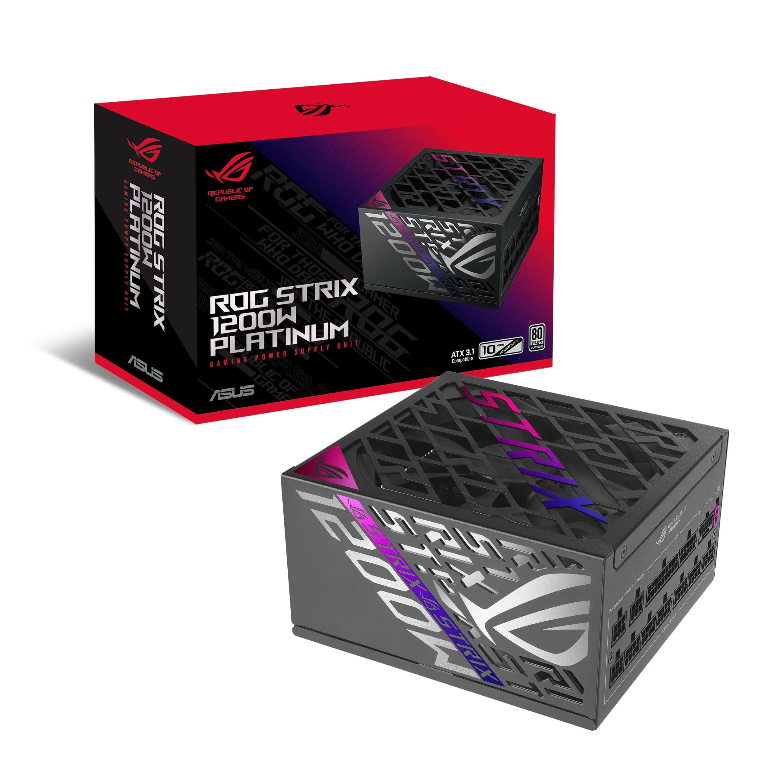 ASUS ROG Strix 1200P Gaming, Alimentatore Modulare per PC, 1200W di Potenza, PCle Gen 5.1, ATX 3.1, 80+ Platinum, Cybenetics Lambda A, Doppio Cuscinetto a Sfera, Nero, ROG-STRIX-1200P-GAMING