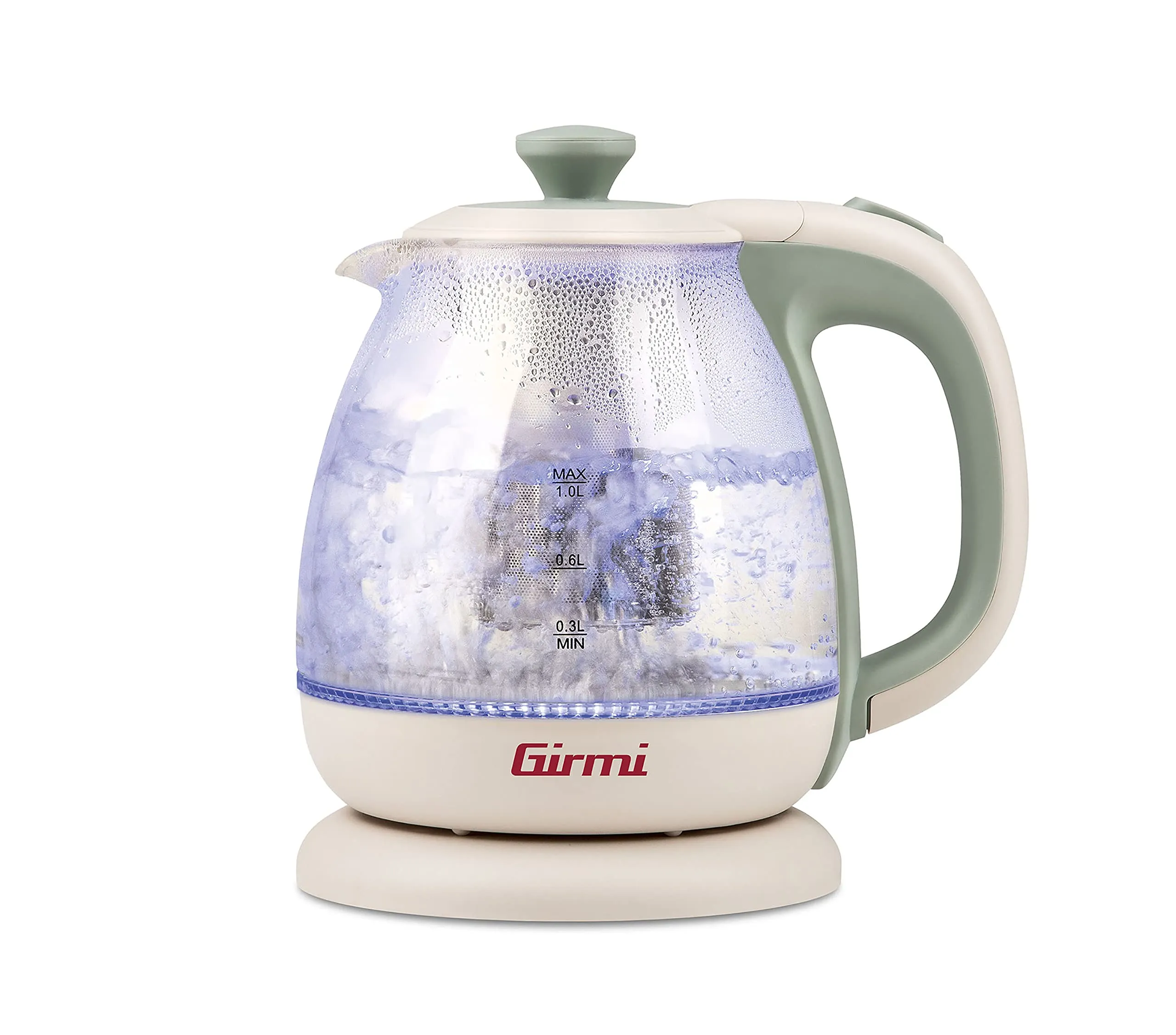 Girmi BL41 Bollitore + Tisaniera in Vetro, 1100 W, Filtro smontabile INOX, Resistenza di sicurezza, Base con rotazione 360°, Cordless 1 Litro, Verde acqua