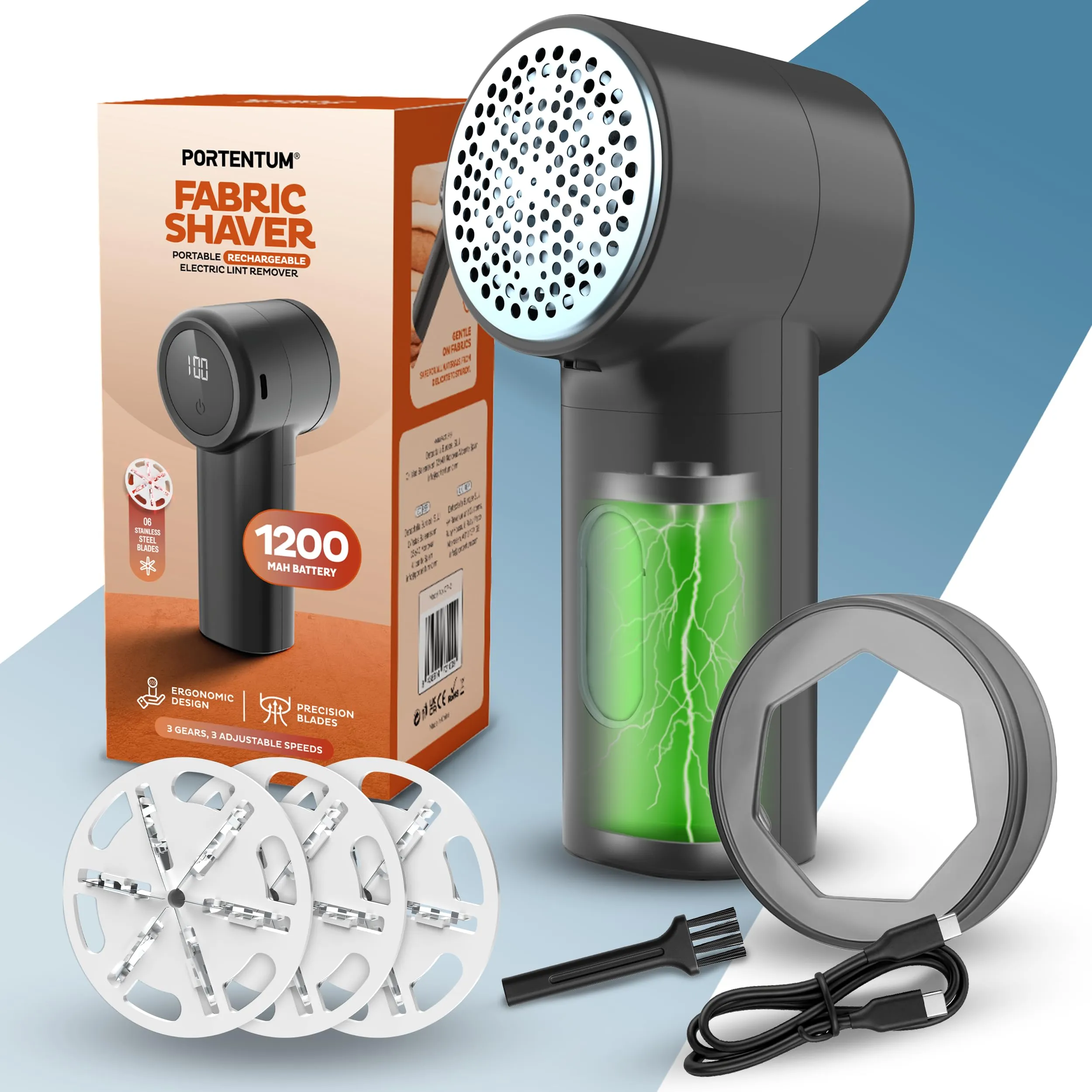 PORTENTUM Levapelucchi Elettrico – Display LED, 3 Velocità 9.000 RPM, Lama a 6 Foglie, 2h di Autonomia, Togli Pelucchi Elettrico Ricaricabile USB C, Compatto e Potente per Abiti e Tessuti per la Casa