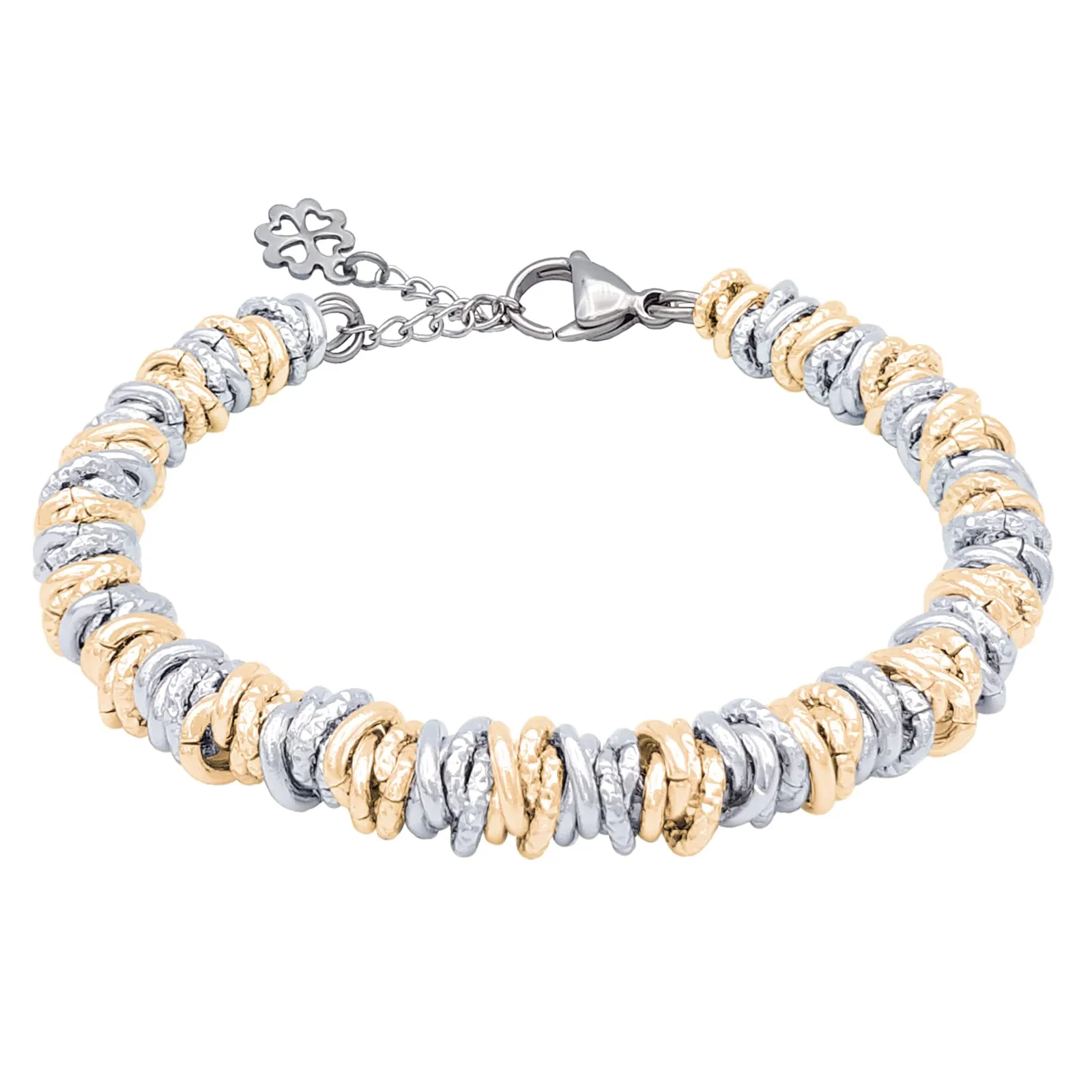 ParticolarModa Bracciale Donna regolabile quadrifoglio portafortuna nodini lucido diamantato 7 mm (Regolabile da 19 a 22 cm (x polso 16-18), Argentato/Dorato)