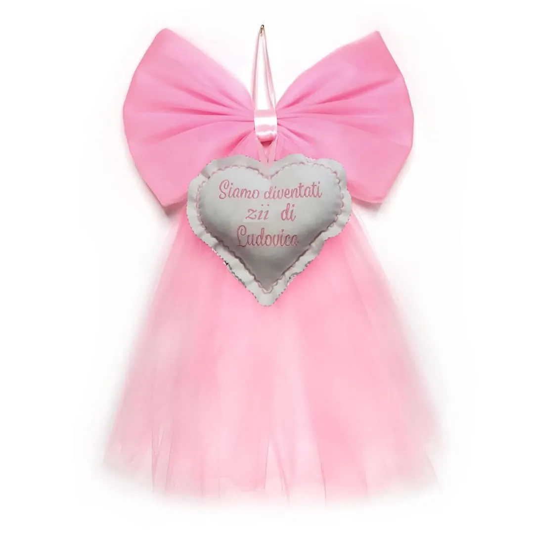 Crociedelizie, fiocco nascita siamo diventati zii bimba bimbo personalizzato in tulle rosa azzurro con ricamo ricamato elegante semplice coccarda fuori porta cuore