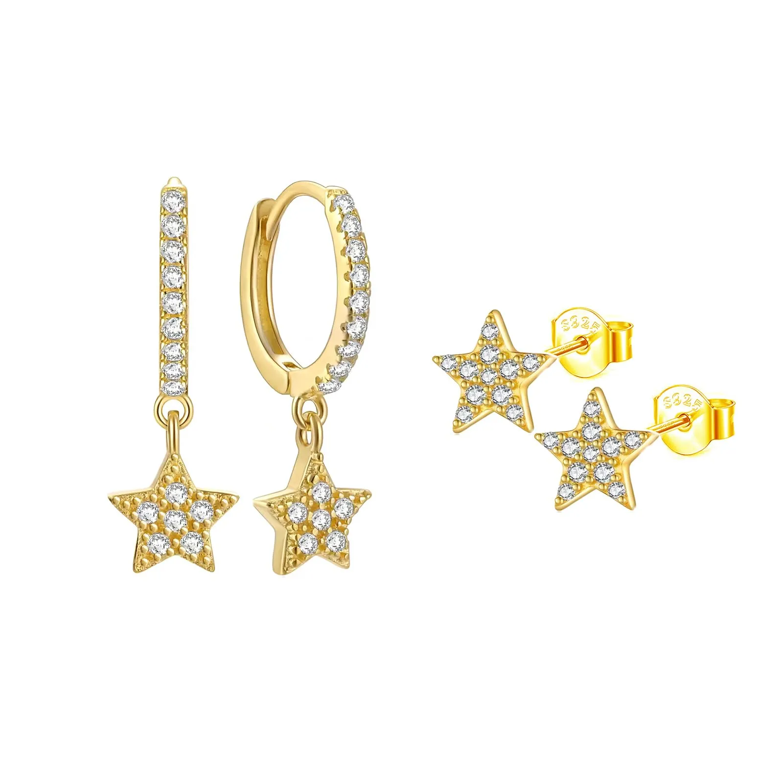 Epoch World 2 Paia Orecchini a Stella da Donna Orecchini Argento 925 Orecchini Oro Cerchio con Ciondolo Stella Orecchini Pendenti Zirconia Orecchini a Cerchio Oro per Donna Ragazza