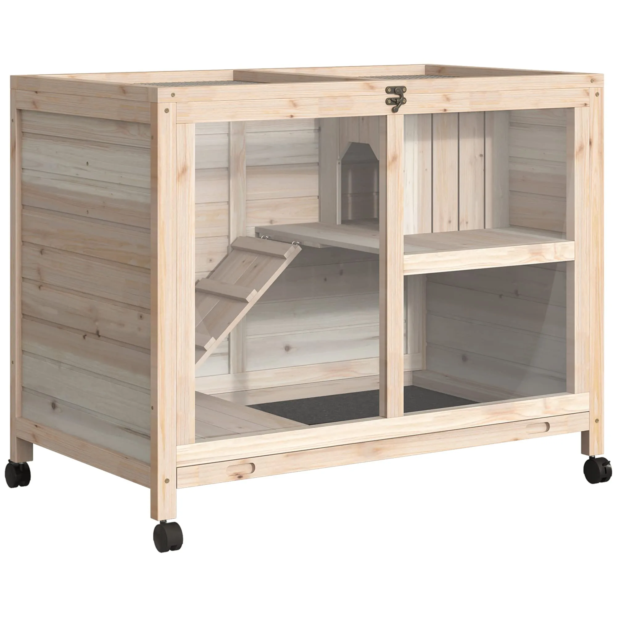 PawHut Conigliera in Legno a 2 Livelli con Casetta per Conigli e Porcellini d'India, Gabbia per Conigli con Rampa e Vassoio Estraibile, 91.5x53.3x73cm, Color Legno