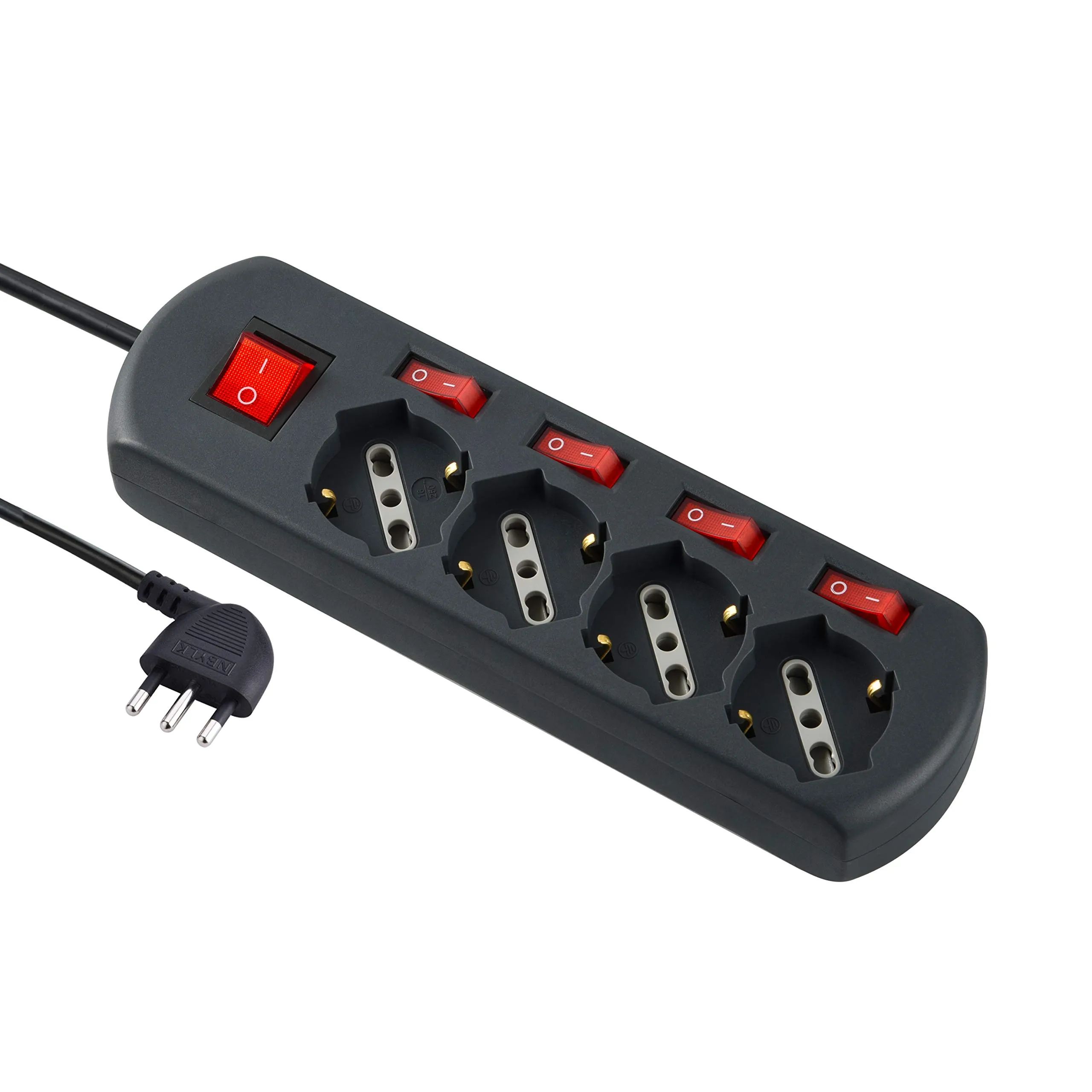 Electraline 61912 Multipresa 4 Posti Polivalenti Schuko, 4 Interruttori Indipendenti, 4 Prese Universali, Cavo di 1.5 m, Nero