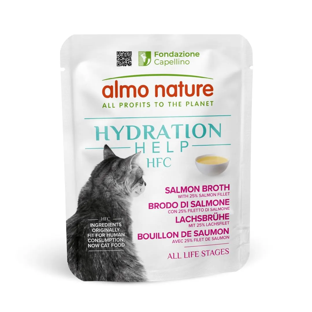 almo nature HFC Hydration Help, Alimento Umido per Gatti - Brodo di Salmone e Filetto di Salmone - Human-Grade, Gluten-Free, Monoproteico, 50g, Confezione da 24, 1.2 kg