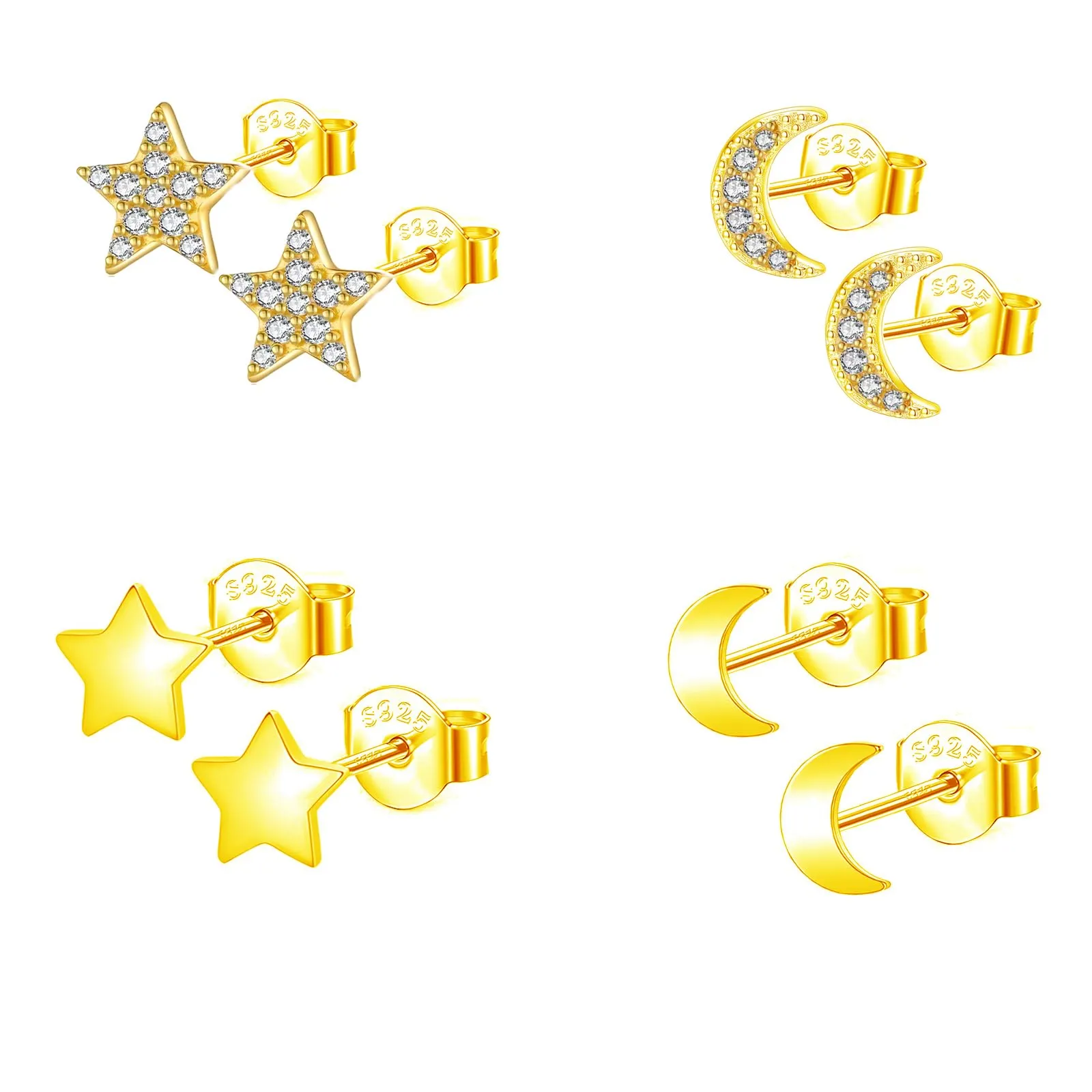 Epoch World 4 Paia Orecchini Argento 925 Ipoallergenic Oro Orecchini Stella e Luna Piccoli con Cubic Zirconia Orecchini in Oro per Donna e Ragazze