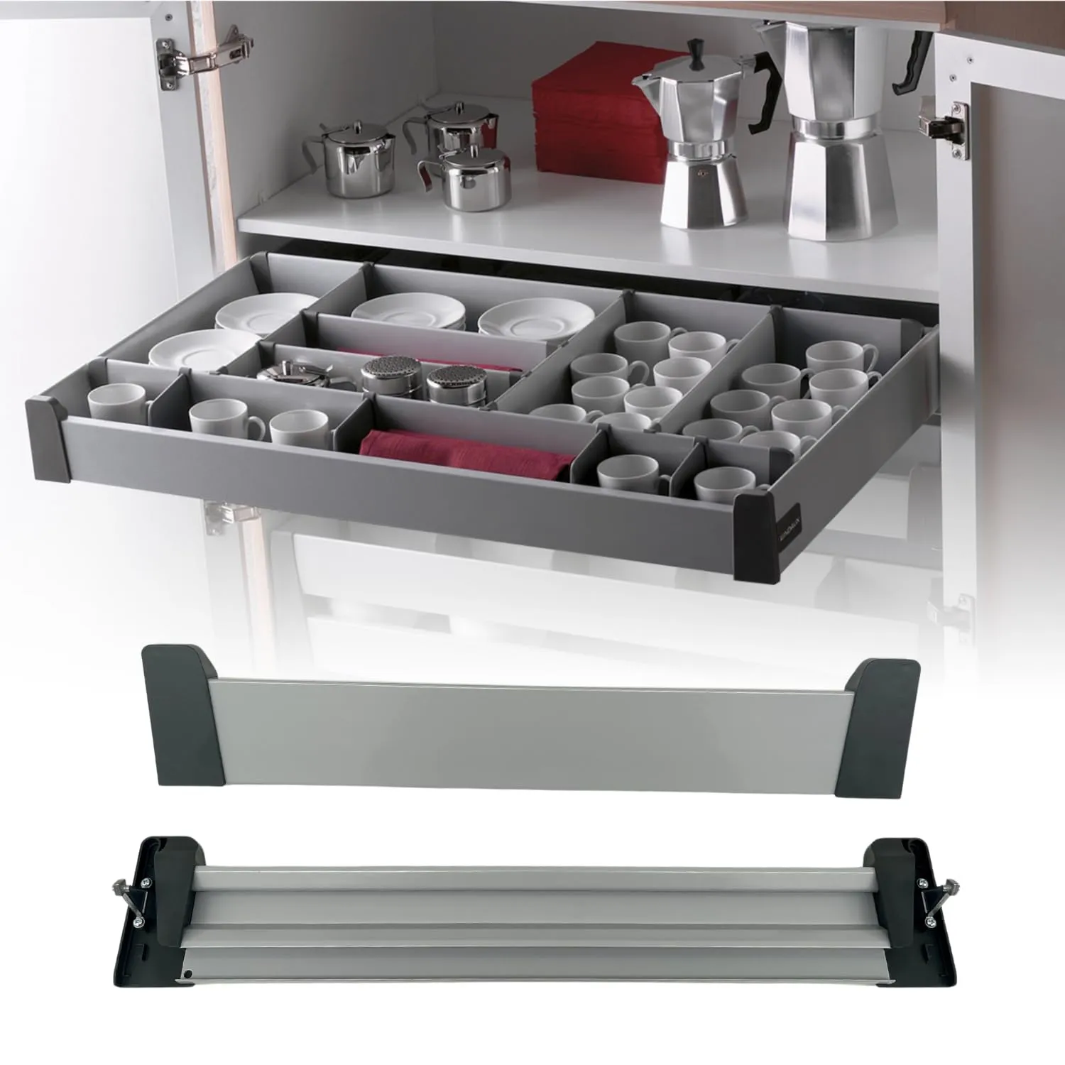 EVOTRADE Componenti di Ricambio per Cassetti Interni Delinia Leroy Merlin (Frontale Basso/Alto, Guide 270/480 mm) per Mobili da Bagno e Cucina Ammortizzate ad Estrazione Totale (Frontale basso 550 mm)