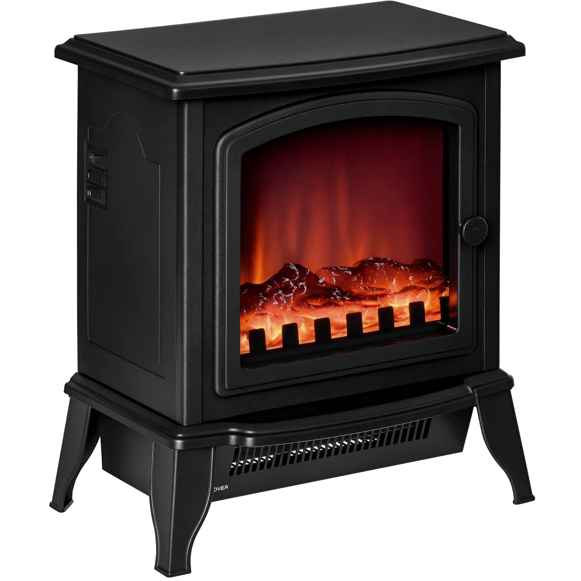 HOMCOM Camino Elettrico da Terra con Potenza Regolabile 1000W/2000W ed Effetto Fiamma Realistico, Caminetto Portatile in ABS e Vetro Temperato, 36.5x24x45.5 cm, Nero