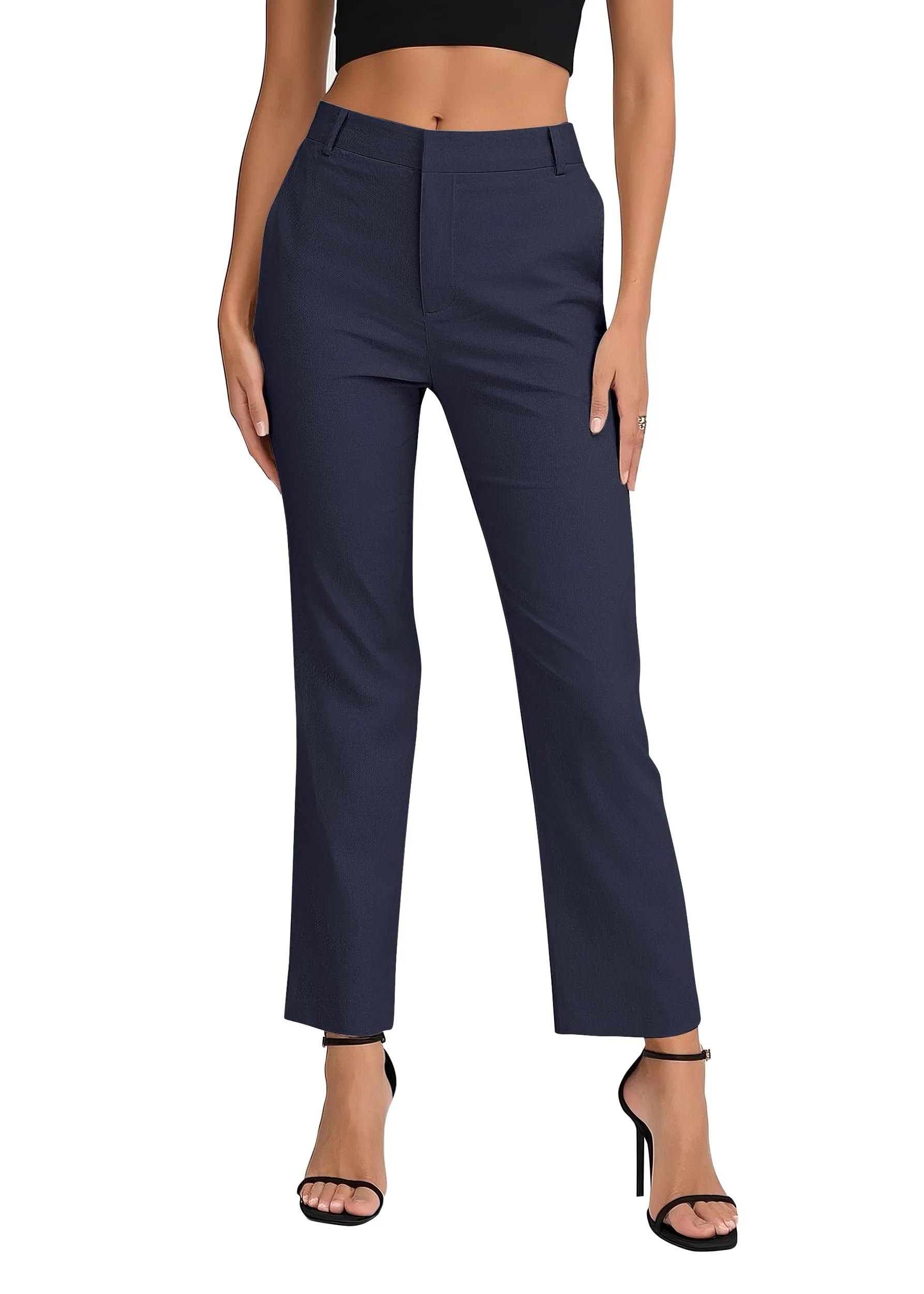 EXCHIC Donne Business Casual Elastica Vita Gamba Dritta Pantaloni con Tasche(M, Blu Navy)